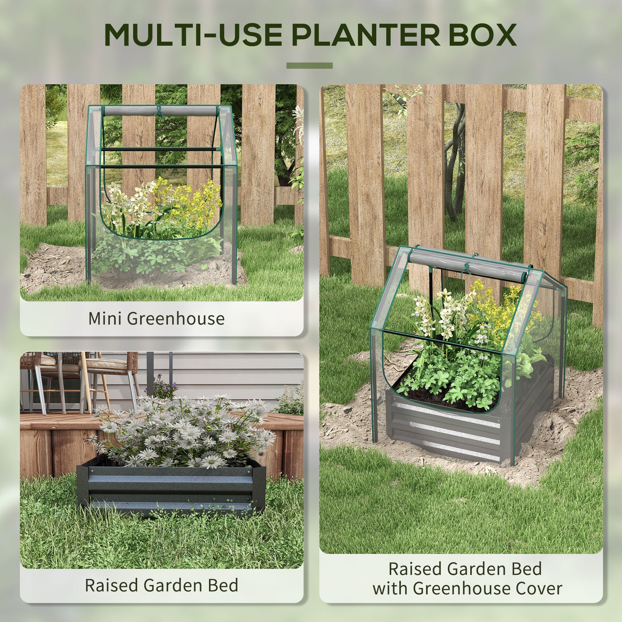 Outsunny Metal Planter Box with Cover, Raised Garden Bed with Greenhouse, for Herbs and Vegetables, Clear and Dark Grey - North Peak Garden Furniture