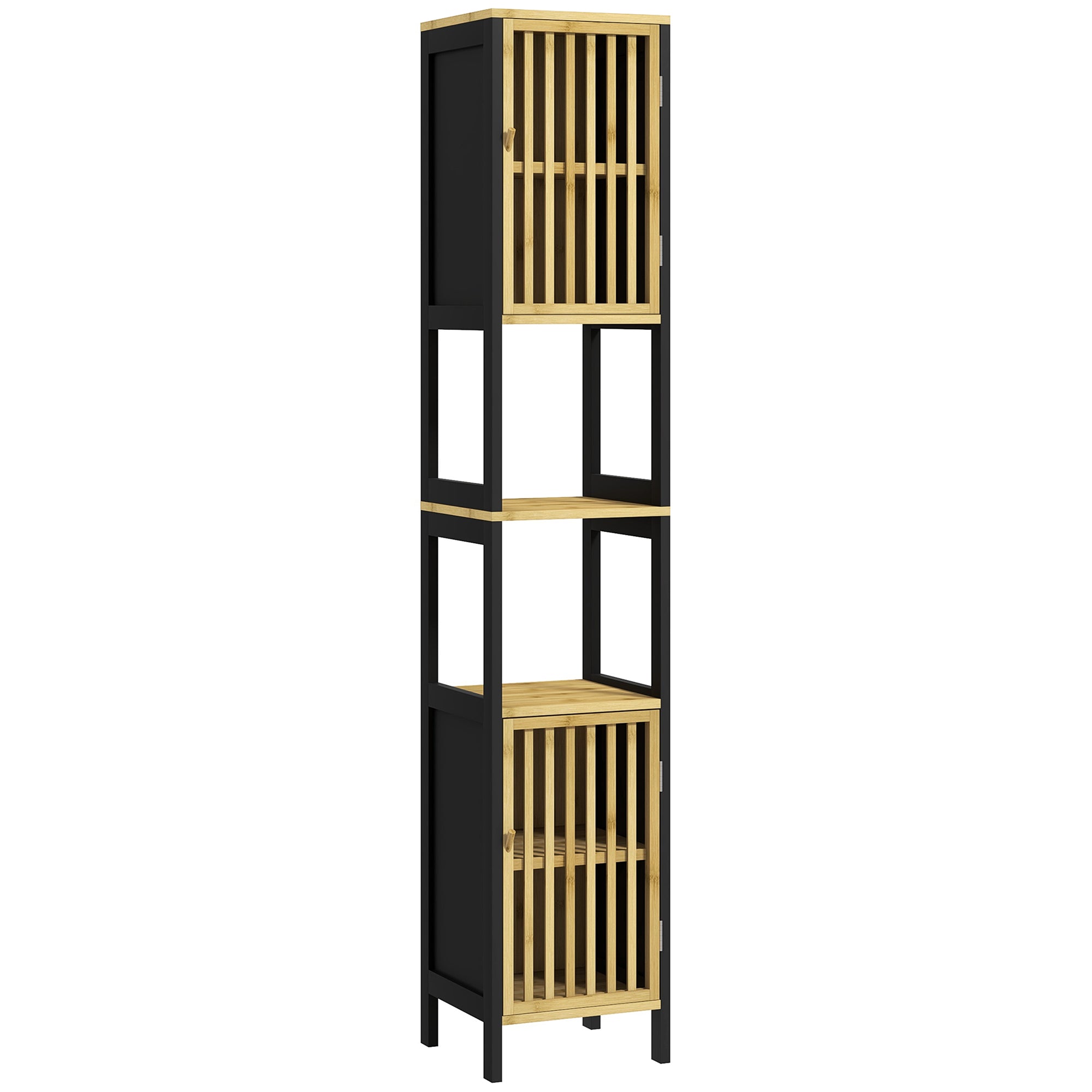 HOMCOM Bamboo-Blend Retro Cut-Out Tall Bathroom Storage Unit - North Peak Garden Furniture