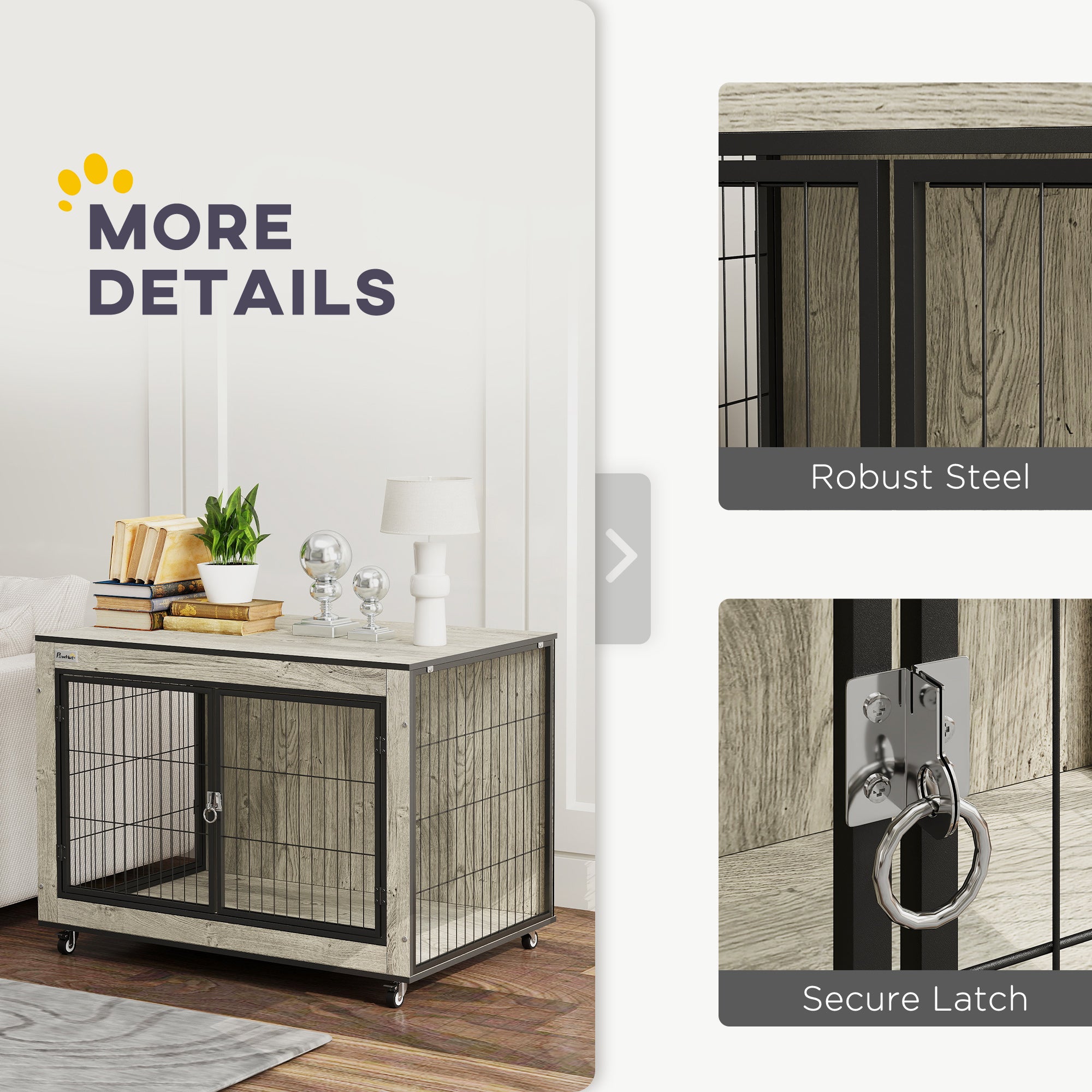 PawHut Dog Crate Furniture with Wheels, Double Doors, for Medium Dogs, 80 x 56 x 62.5cm, Grey - North Peak Garden Furniture