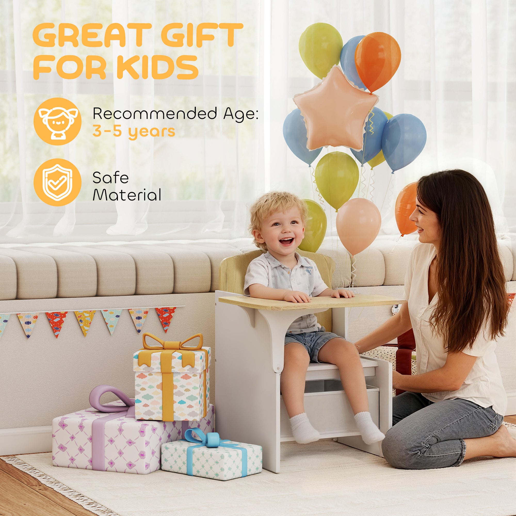 AIYAPLAY Kids Table and Chair Set, Children Desk and Chair with Storage Bins for Playing, Reading, Painting, for Ages 3-5, White