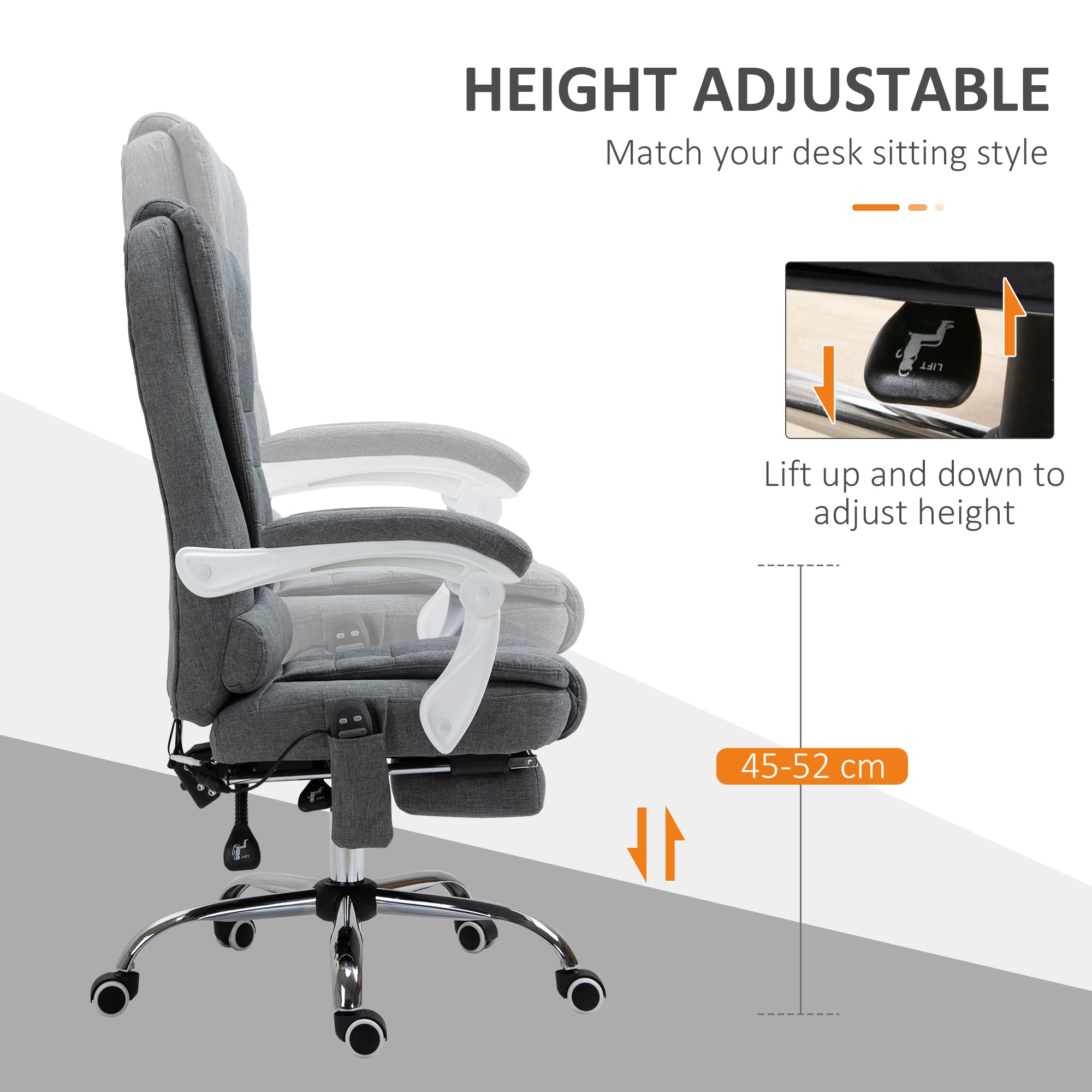 Vinsetto Heated 6 Points Vibration Massage Executive Office Chair Adjustable Swivel Ergonomic High Back Desk Chair Recliner with Footrest Grey - North Peak Garden Furniture