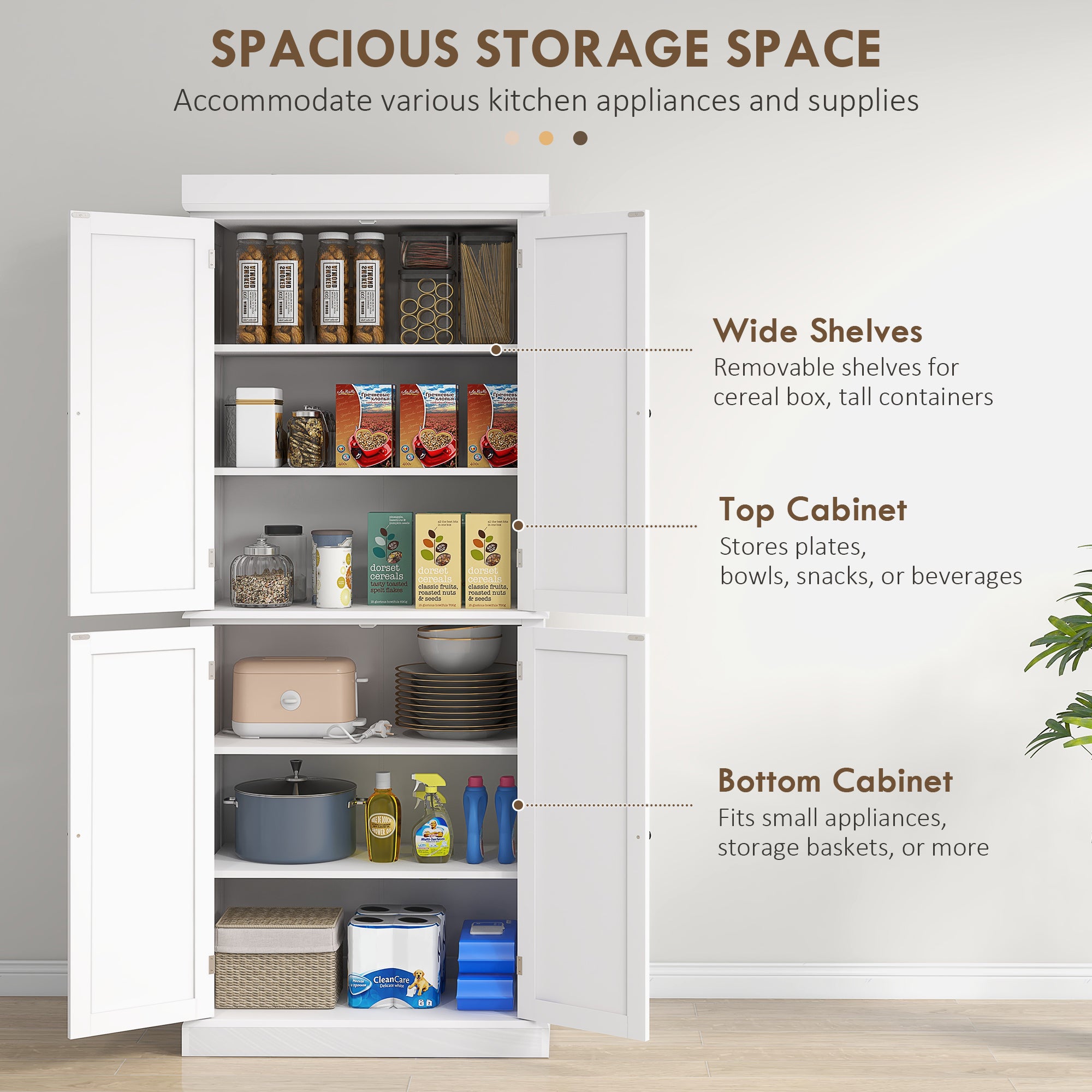 HOMCOM Freestanding Kitchen Cupboard with 4 Doors, Storage Cabinet with 6-Tier Shelving and 4 Adjustable Shelves, White - North Peak Garden Furniture