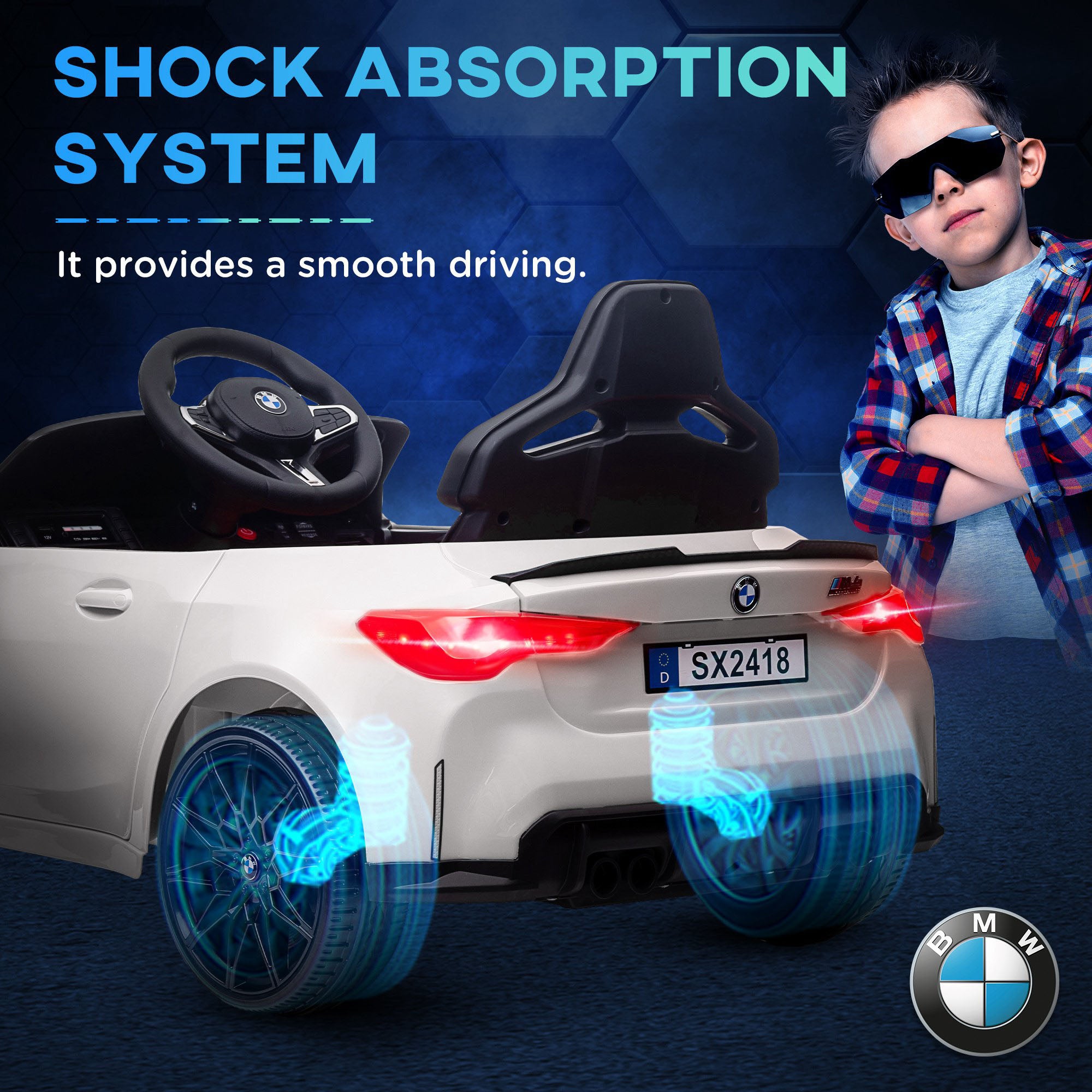 AIYAPLAY 12V BMW Licensed Kids Car, with Easy Transport, Remote Control, Suspension, Music, Horn, LED Lights, White - North Peak Garden Furniture