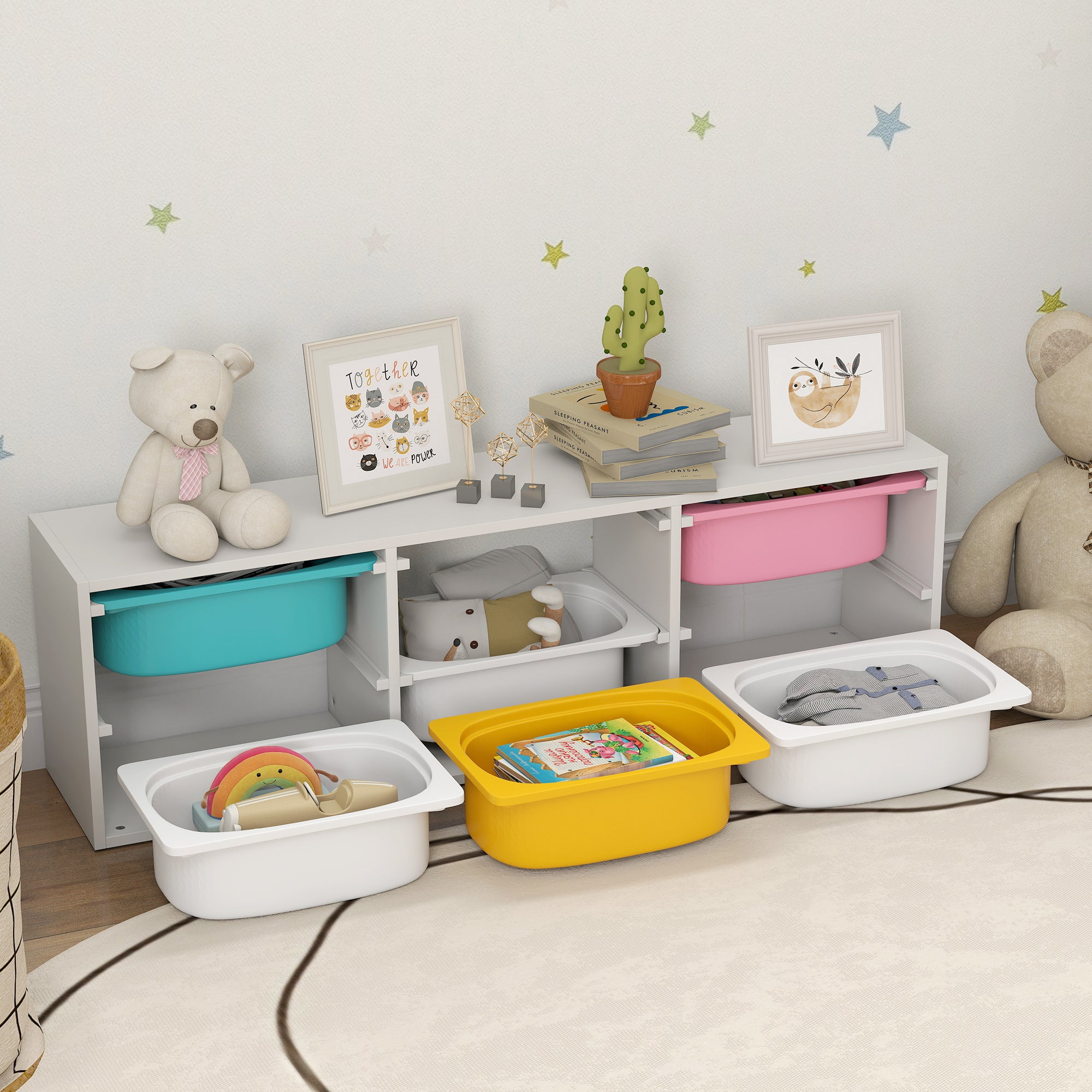 AIYAPLAY Low Height 2 Tiers Storage Organiser, Kids Toy Storage Unit with 6 Removable Bins for Bedroom, Nursery, Playroom