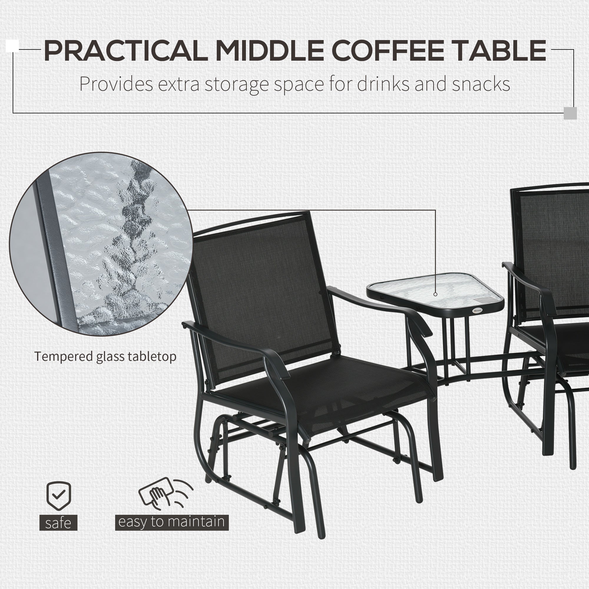 Outsunny Gliding Jack and Jill Seat, with Glass-Top Table - Black - North Peak Garden Furniture