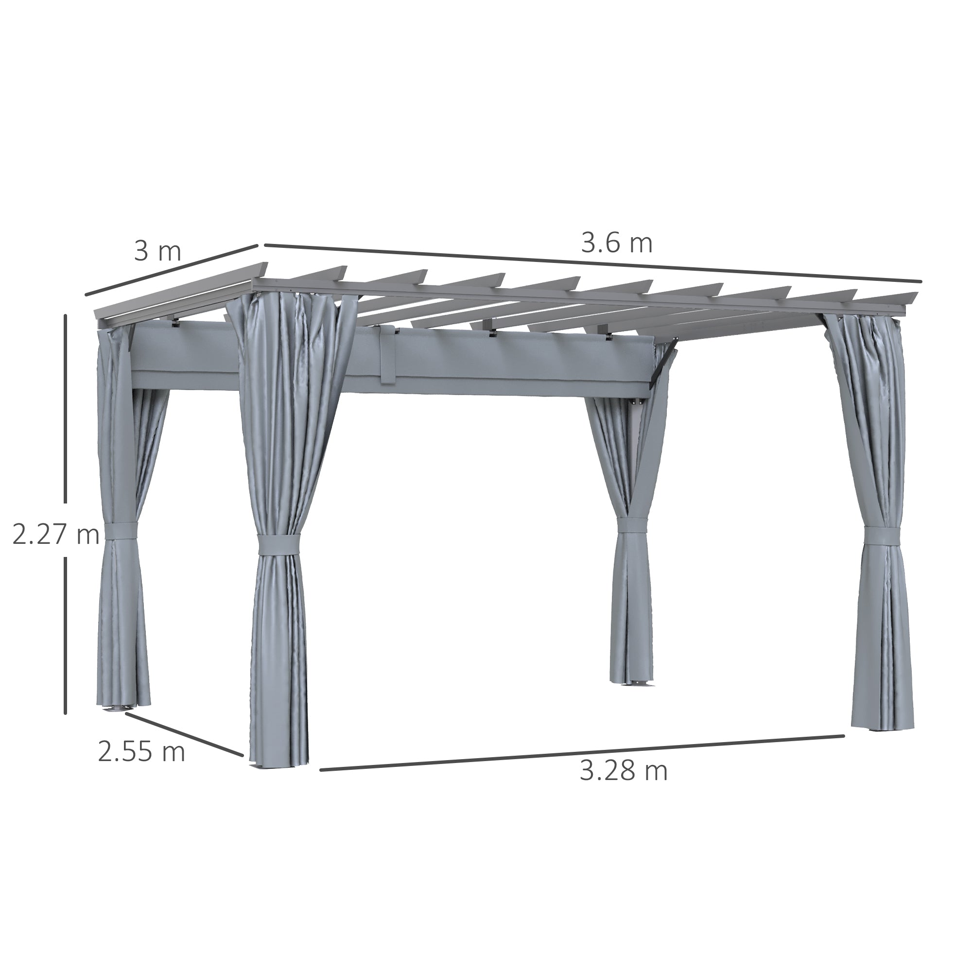 Outsunny 3.6 x 3(m) Outdoor Pergola with Retractable Roof and Curtains, Garden Gazebo Canopy Sun Shade Shelter with Aluminum Frame, Dark Grey - North Peak Garden Furniture
