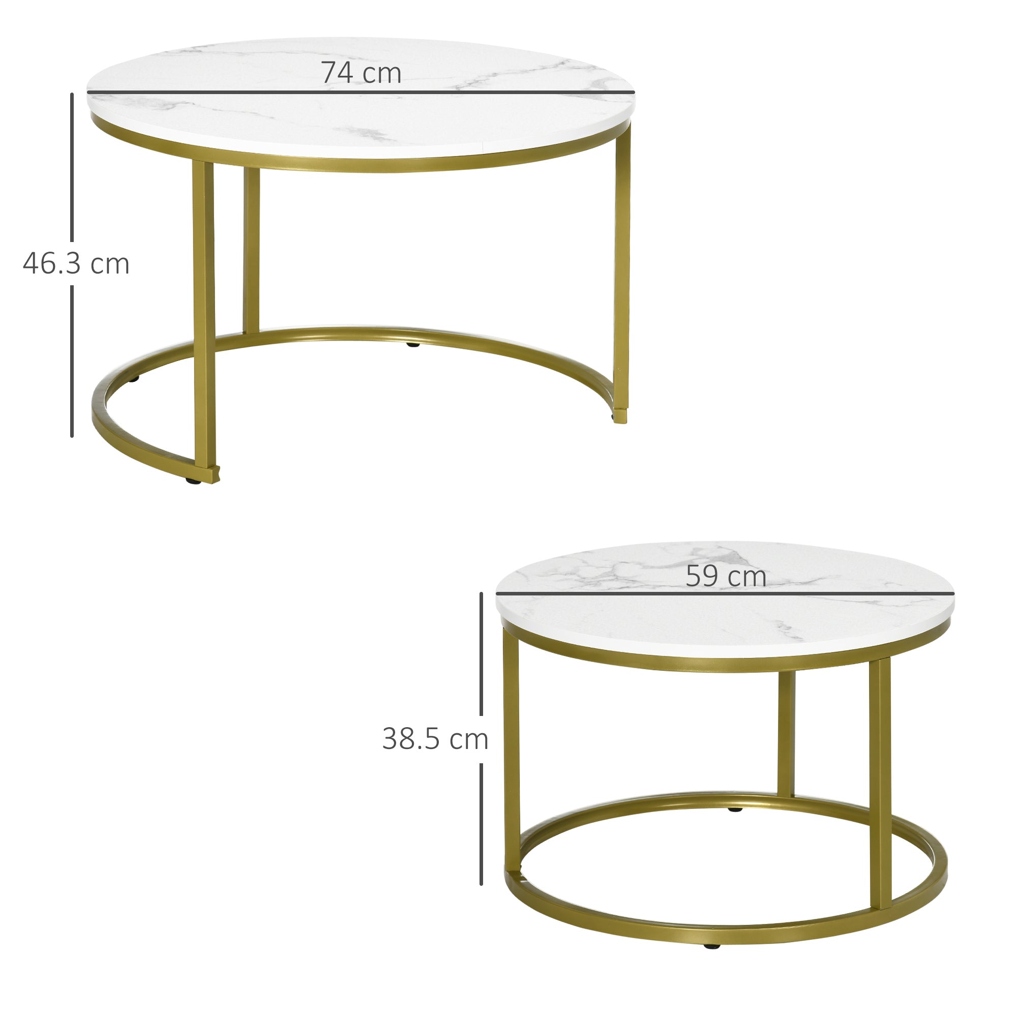HOMCOM Coffee Table Set of 2, Round Nest of Tables with Faux Marble Tabletop and Metal Frame, Modern Side Tables for Living Room, White - North Peak Garden Furniture