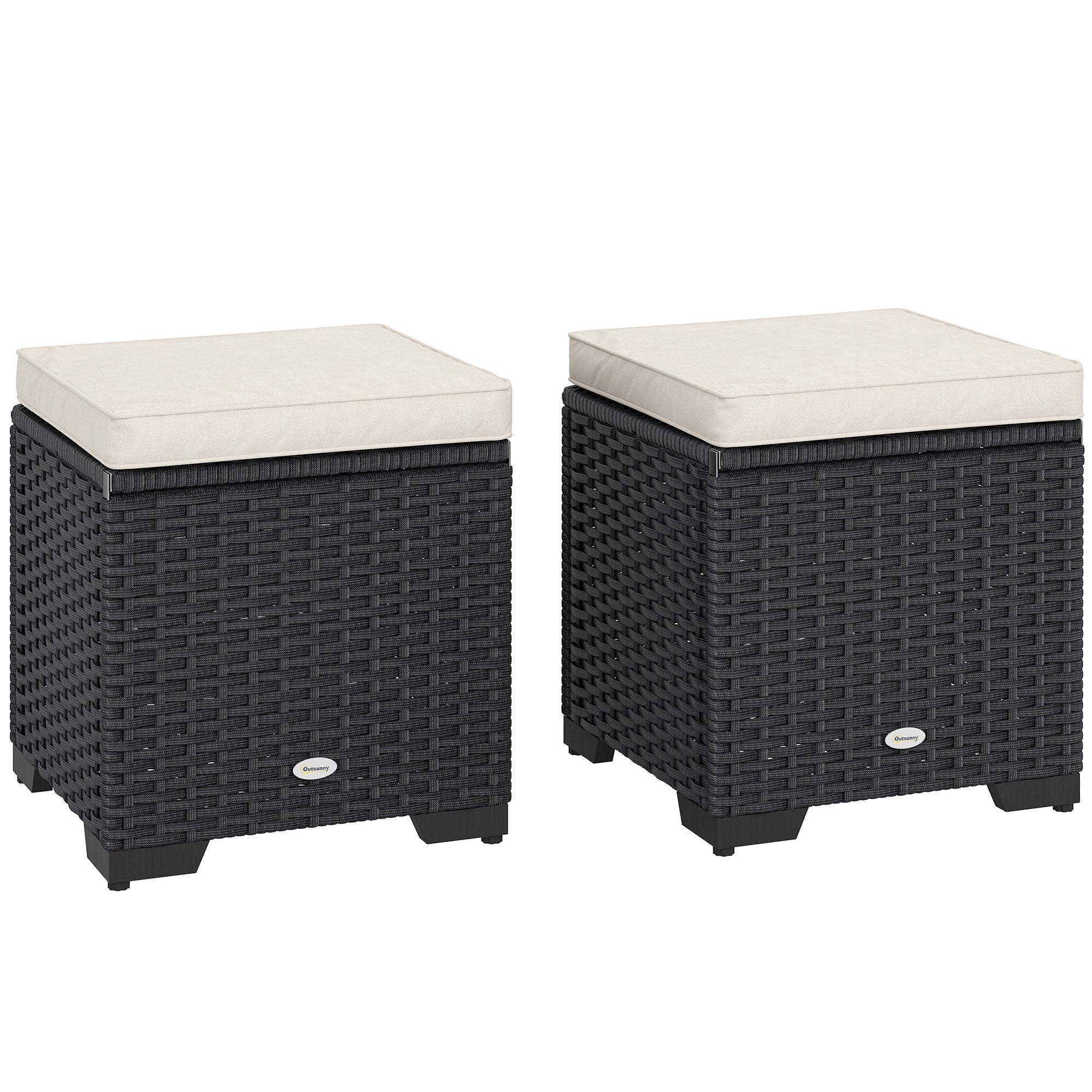 Outsunny Set of 2 Rattan Storage Ottoman, Outdoor Footstool with Removable Cushions, Garden Storage Seat for Balcony, Poolside, Living Room, Cream - North Peak Garden Furniture
