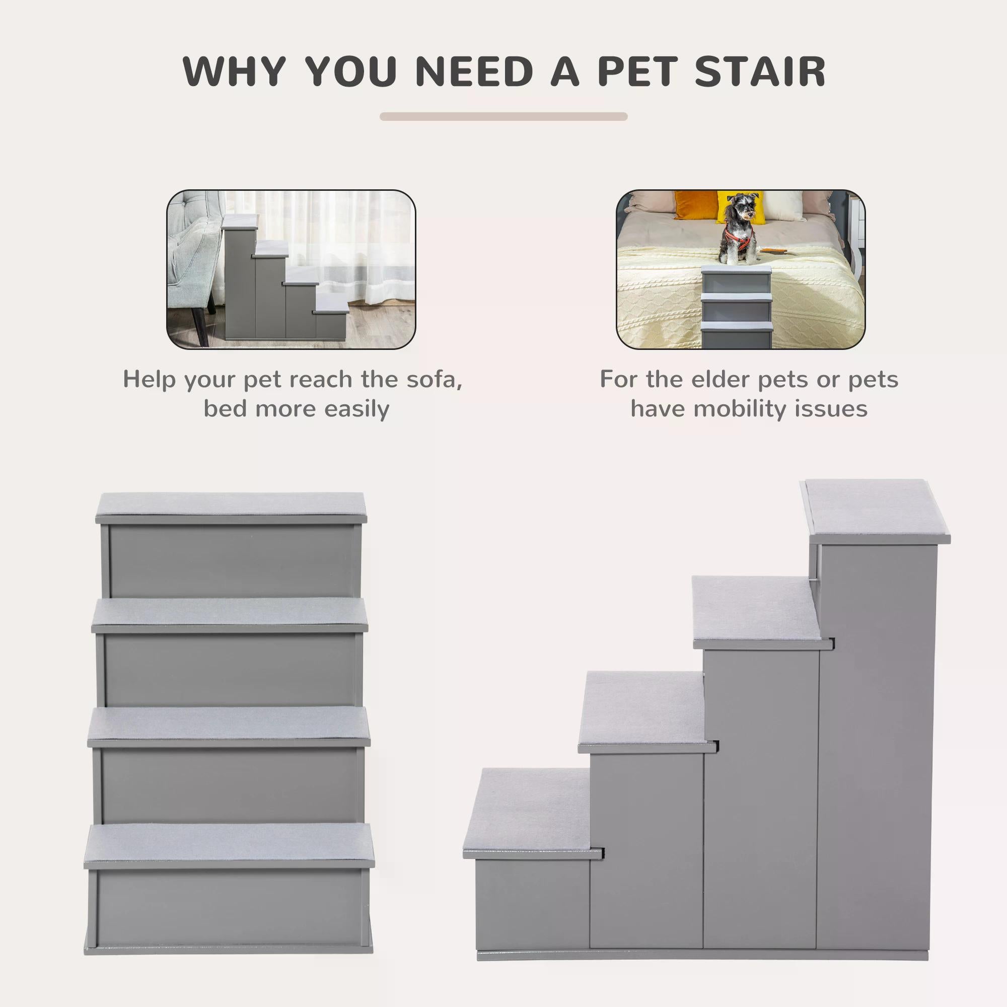 PawHut 4 Step Wooden Dog Steps Pet Stairs for Dogs, Cat Ladder for Bed Couch with Non-Slip Carpet 40 x 59 x 54.2 cm, Grey