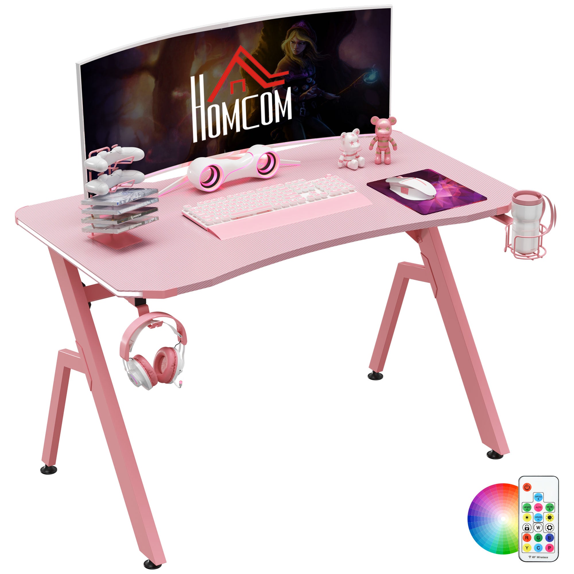 HOMCOM RGB 120 x 66cm Gaming Desk, Computer Table with Carbon Fibre Surface, Headphone Hook, Cup Holder, Controller Rack, Home Office Desk, Pink