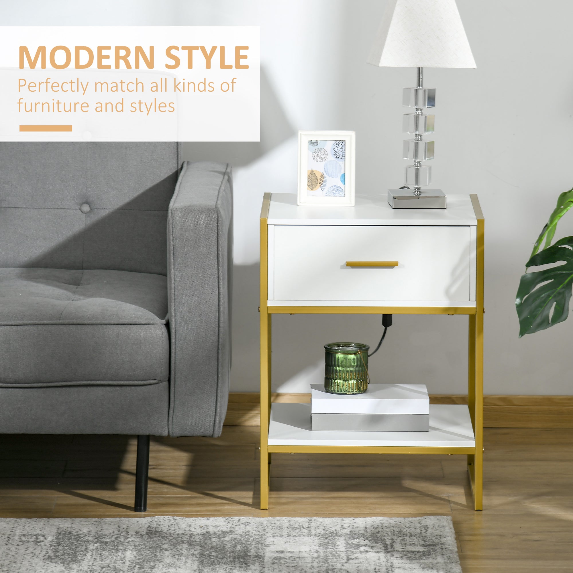 HOMCOM Bedside Table, Modern Side Table with Drawer and Shelf, Nightstand for Bedroom, White - North Peak Garden Furniture