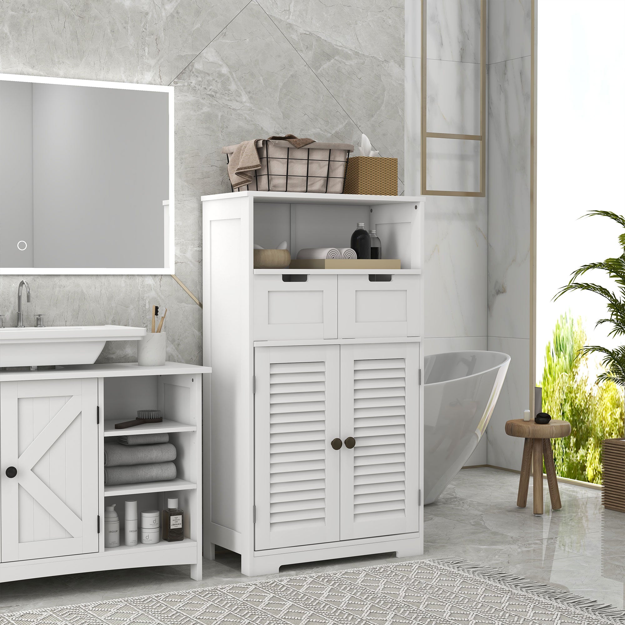 kleankin Three-Part Bathroom Storage Unit, with Shelf, Drawers & Cupboard - White - North Peak Garden Furniture