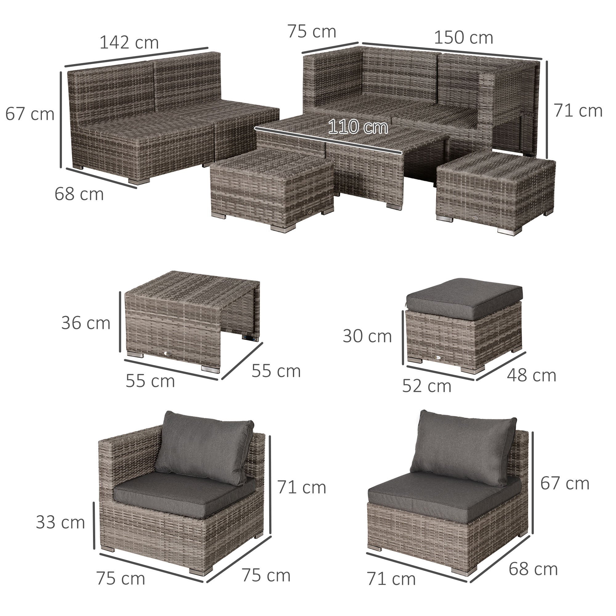 Outsunny 8 Pieces PE Rattan Sofa Set with Cushions, Garden Corner Sofa with 4 Seater Sofa, 2 Footstools and 2 Coffee Table Set, Space-saving Design, No Assembly Required, Grey - North Peak Garden Furniture