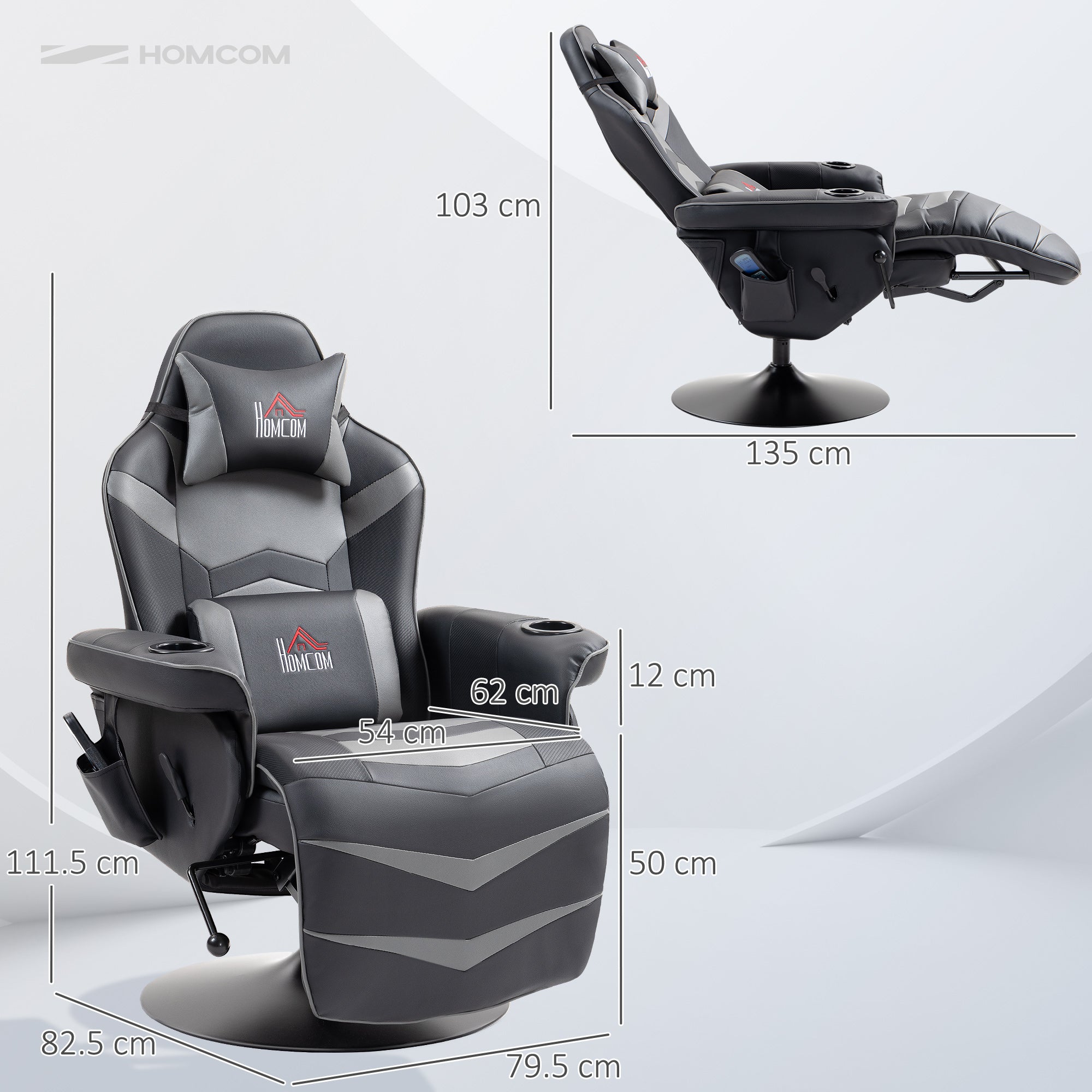 HOMCOM Massage Recliner Chair with Remote, PU Leather Recliner Armchair with Cup Holders and Side Pockets, Racing Style Reclining Chair with Headrest, 360° Swivel, Lumbar Support, Grey - North Peak Garden Furniture