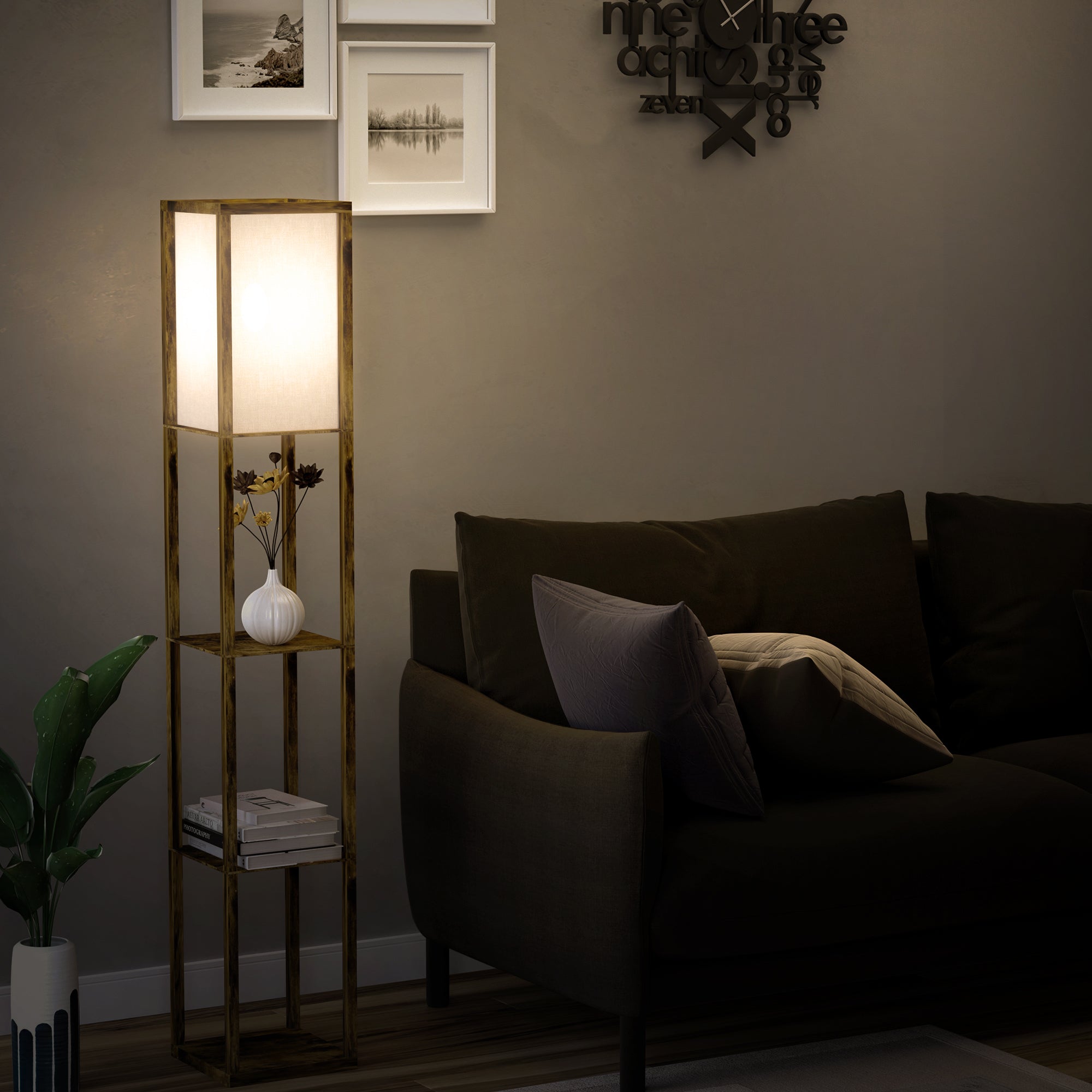 HOMCOM 3-Tier Floor Lamp, Floor Light with Storage Shelf, Reading Standing Lamp for Living Room, Bedroom, Kitchen, Dining Room, Office, Dorm, 160cm, Brown - North Peak Garden Furniture