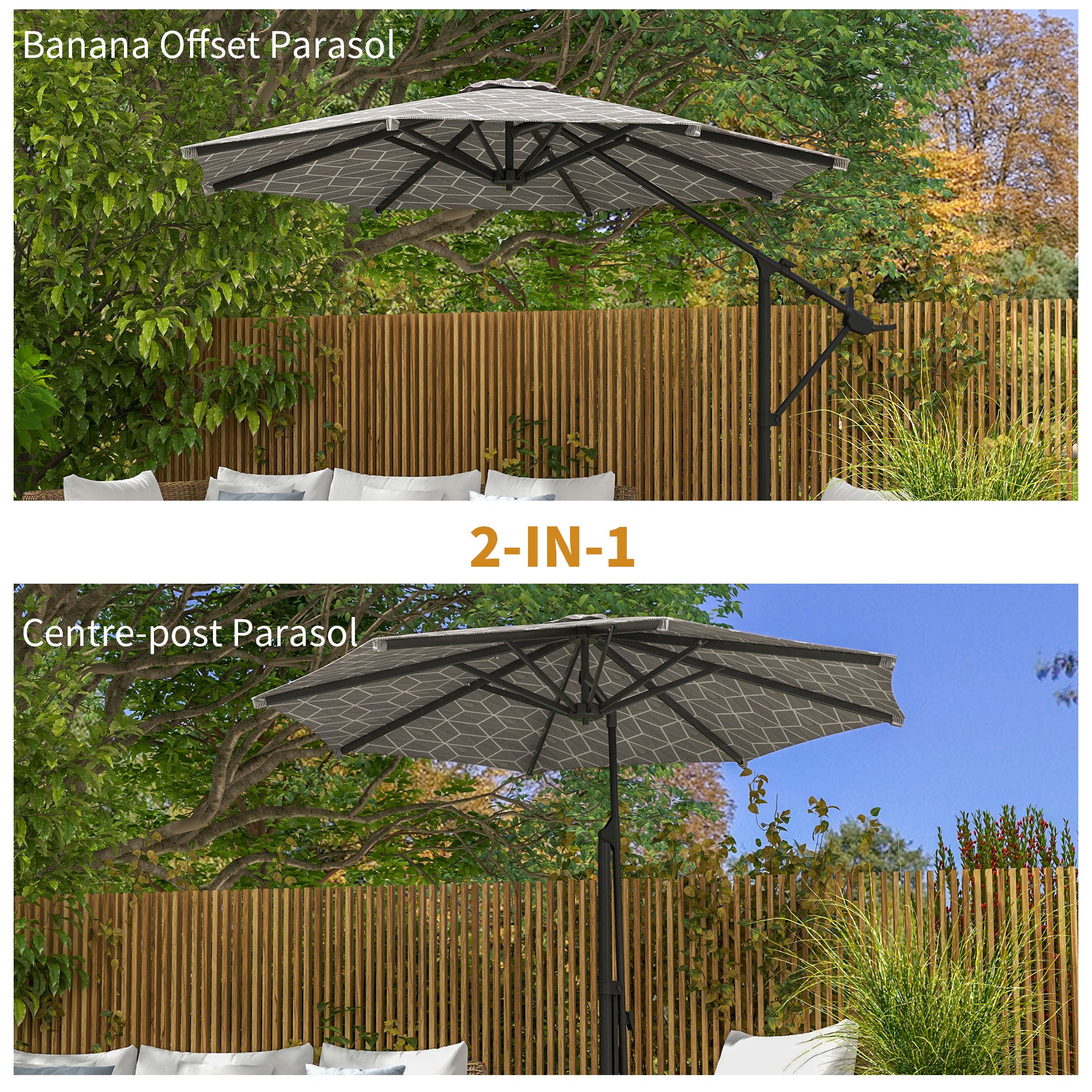 Outsunny 3(m) Convertible Cantilever Parasol and Centre-post Garden Parasol with Cross Base, 360° Rotation Banana Parasol with Crank Handle and 8 Ribs, Hanging Patio Umbrella, Black and White - North Peak Garden Furniture