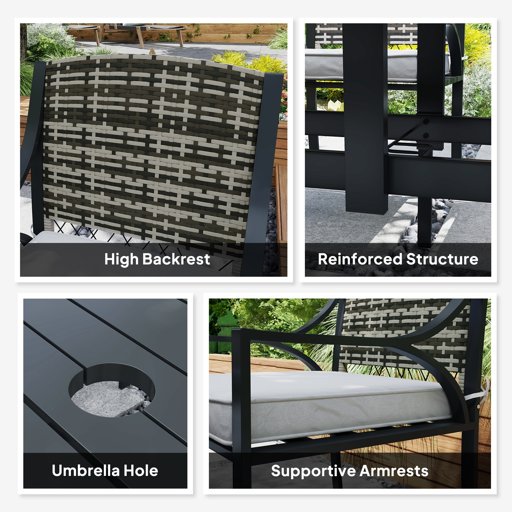Outsunny Rattan Garden Furniture Set with Cushions, 6 Seater Rattan Dining Set with 6 Armchairs, 150 x 96cm Rectangular Table, Umbrella Hole, for Outdoor, Patio, Balcony, Terrace, Conservatory - North Peak Garden Furniture