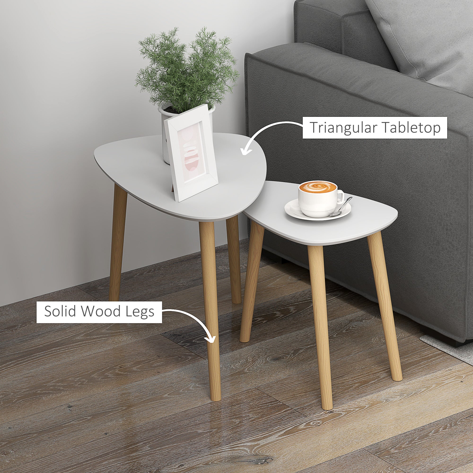 HOMCOM Nesting Coffee Table, Set of 2 Side Tables, Stacking End Tables with Solid Wood Legs, for Living Room Bedroom, Light Grey - North Peak Garden Furniture