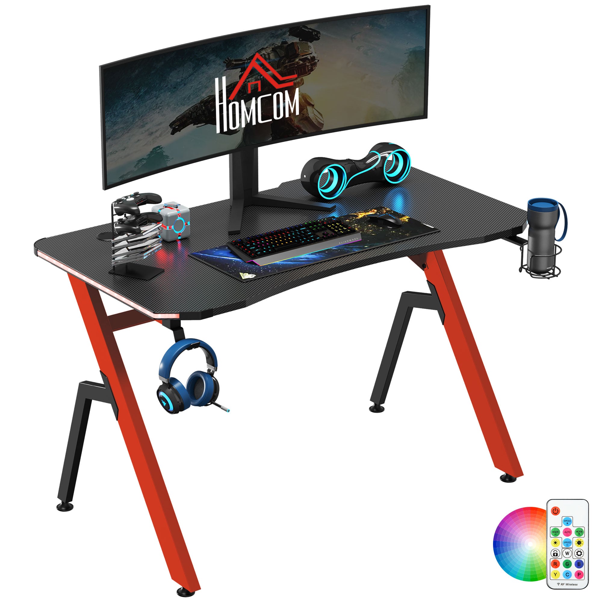 HOMCOM RGB 120 x 66cm Gaming Desk, Computer Table with Carbon Fibre Surface, Headphone Hook, Cup Holder, Controller Rack, Home Office Desk, Black and Red