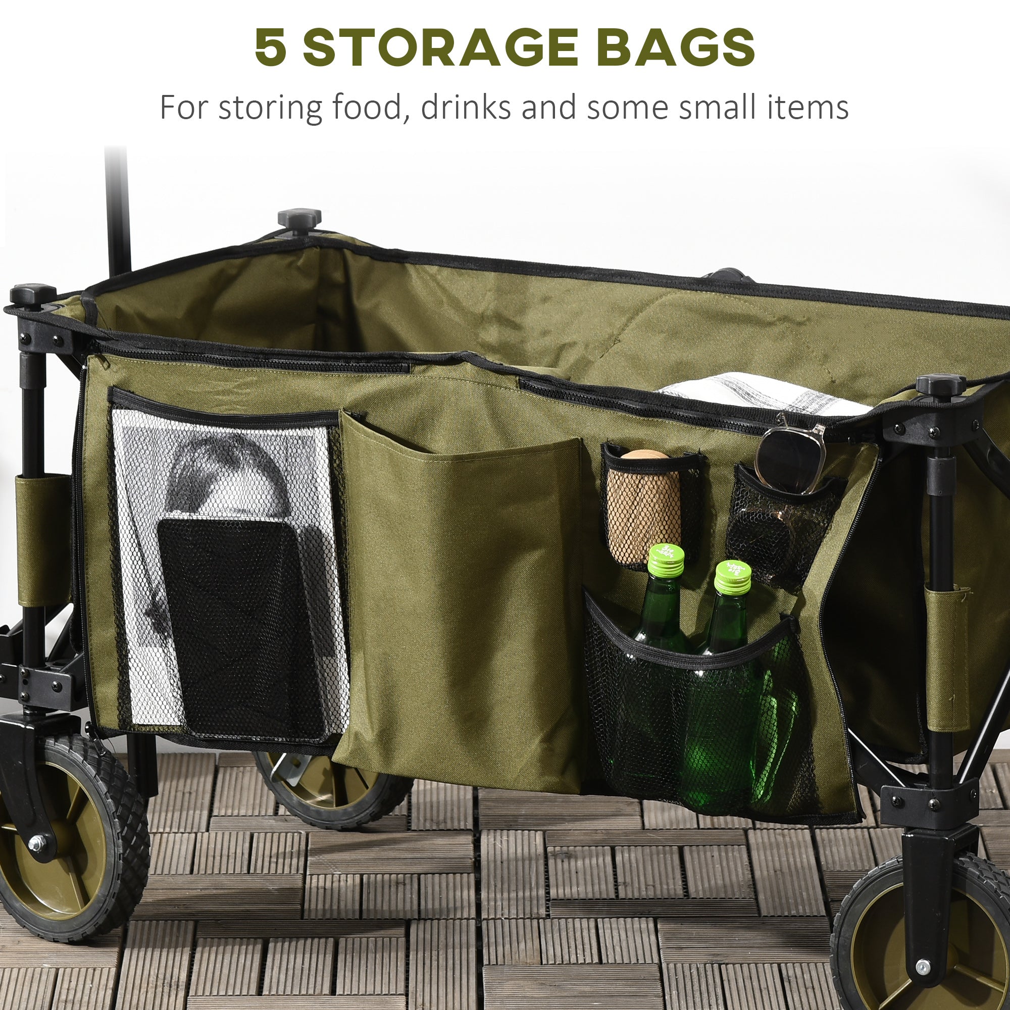 Outsunny Folding Garden Trolley, Cargo Trailer on Wheels, Collapsible Camping Trolley with Folding Board, Outdoor Utility Wagon with Steel Frame and Oxford Fabric, Green - North Peak Garden Furniture