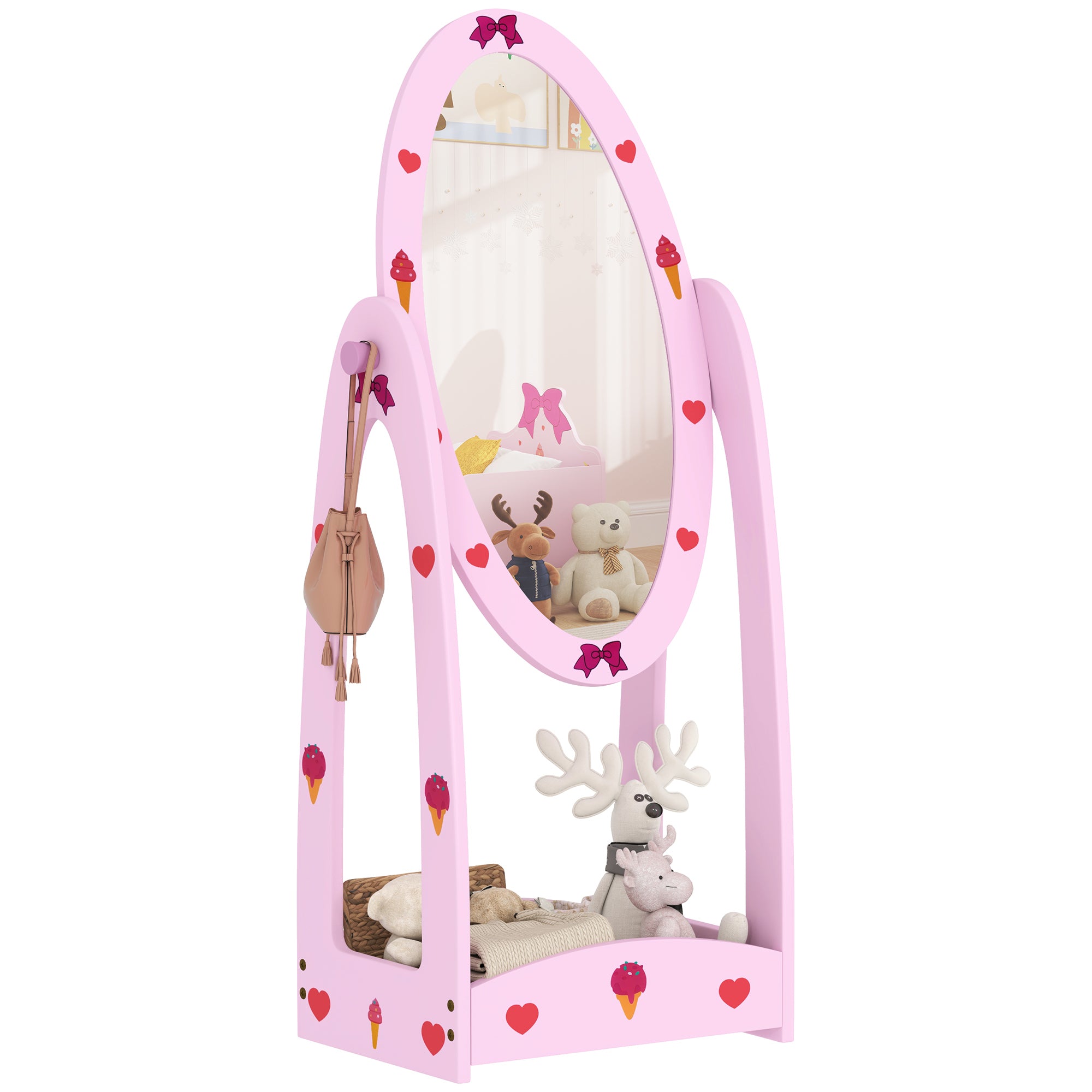 AIYAPLAY Kids Full Length Mirror, 360° Rotating Children Standing Mirror with Storage Shelf, Hot Pink - North Peak Garden Furniture