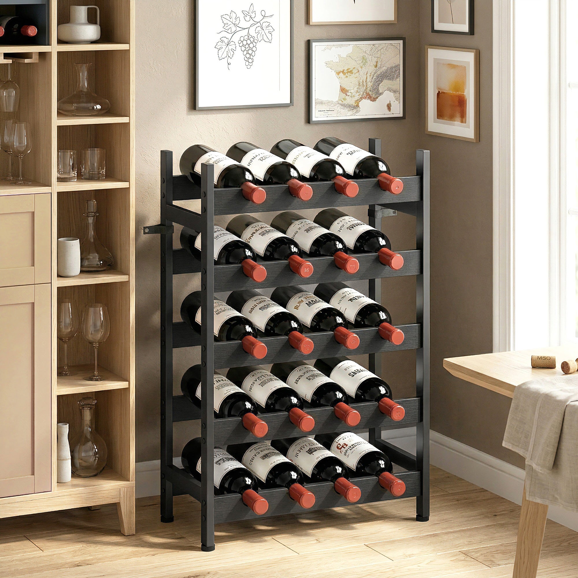 HOMCOM Wine Rack Freestanding Industrial Liquor Cabinet 5-Tier 20 Bottles Bar Stand with Adjustable Feet, Black