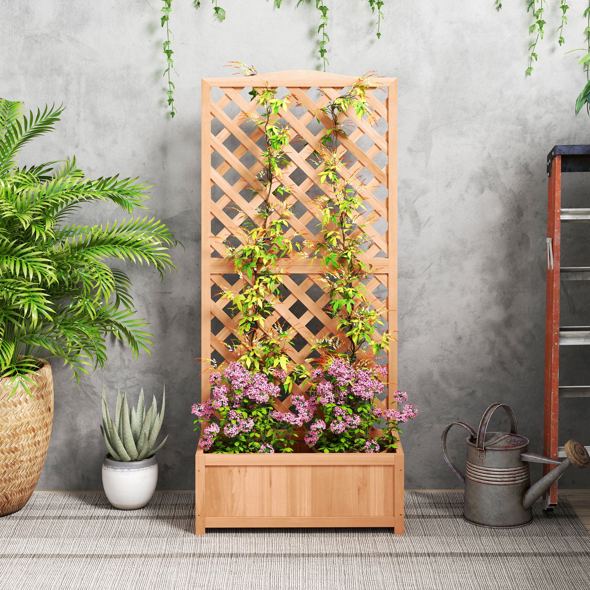 Outsunny Wooden Planter with Trellis, Freestanding Raised Bed for Garden with Lattice, Outdoor Planter Box for Climbing Plants, Vines, Flowers, 76 x 36 x 170 cm, Brown