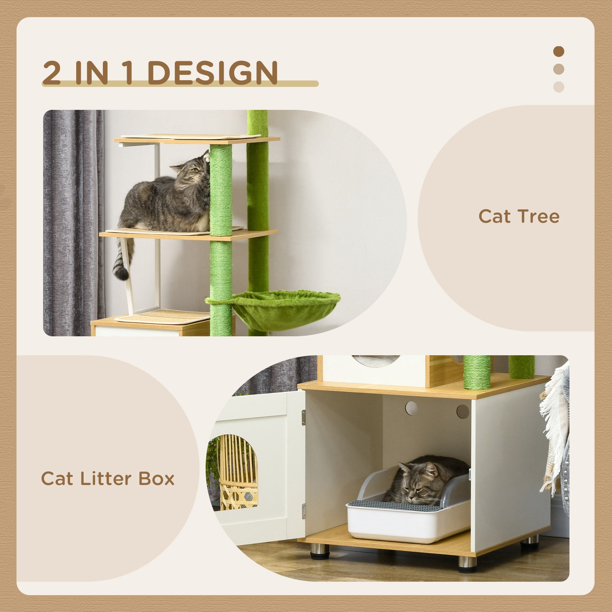 PawHut Cat Tree with Cat Litter Box for Indoor Cats, with Scratching Post, Cat House, Hammock - Oak Tone