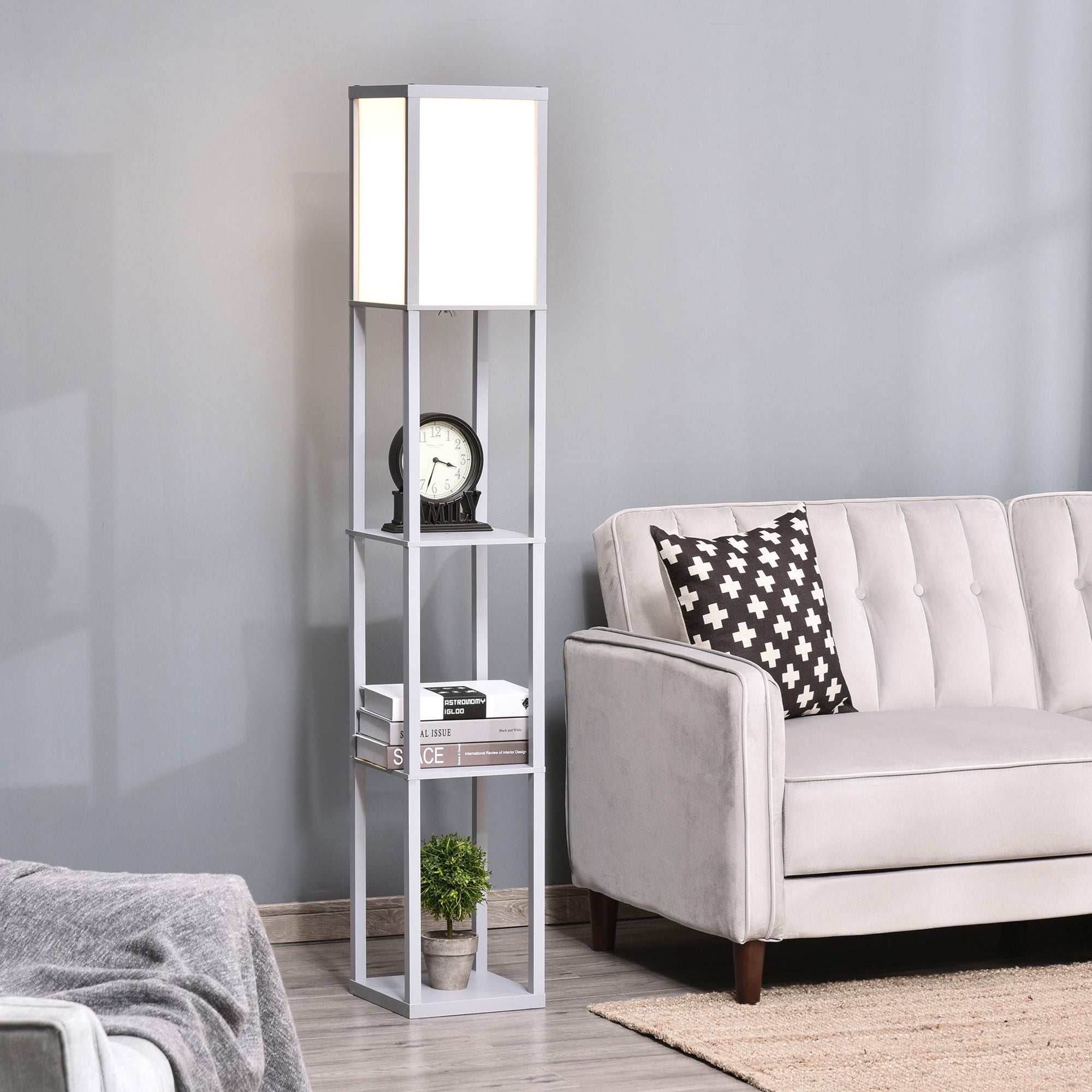 HOMCOM 3-Tier Floor Lamp, Floor Light with Storage Shelf, Reading Standing Lamp for Living Room, Bedroom, Kitchen, Dining Room, Office, Dorm, 160cm, Grey - North Peak Garden Furniture