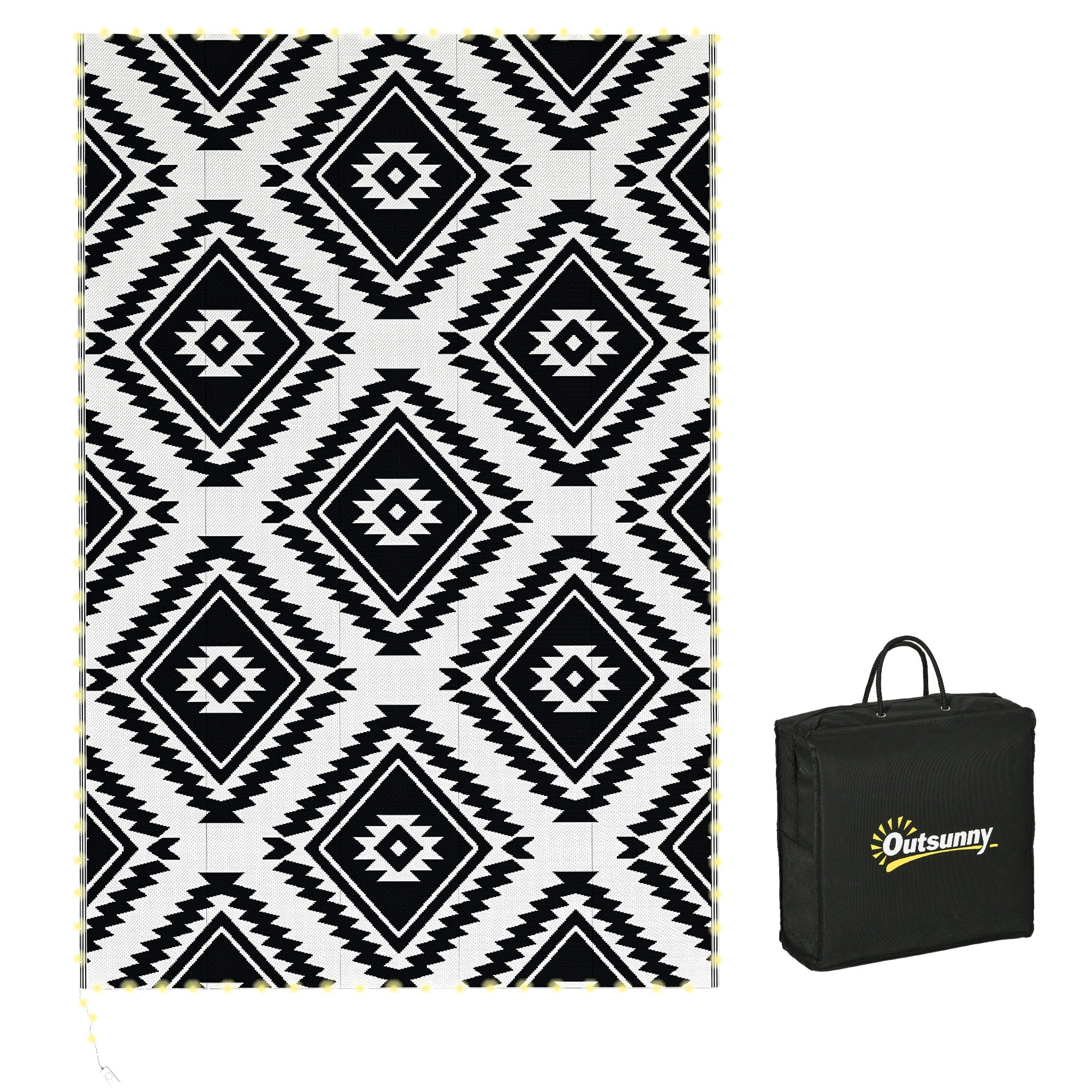 Outsunny Plastic Straw Reversible RV Outdoor Rug with LED String Light, 182 x 274cm, Black and White - North Peak Garden Furniture