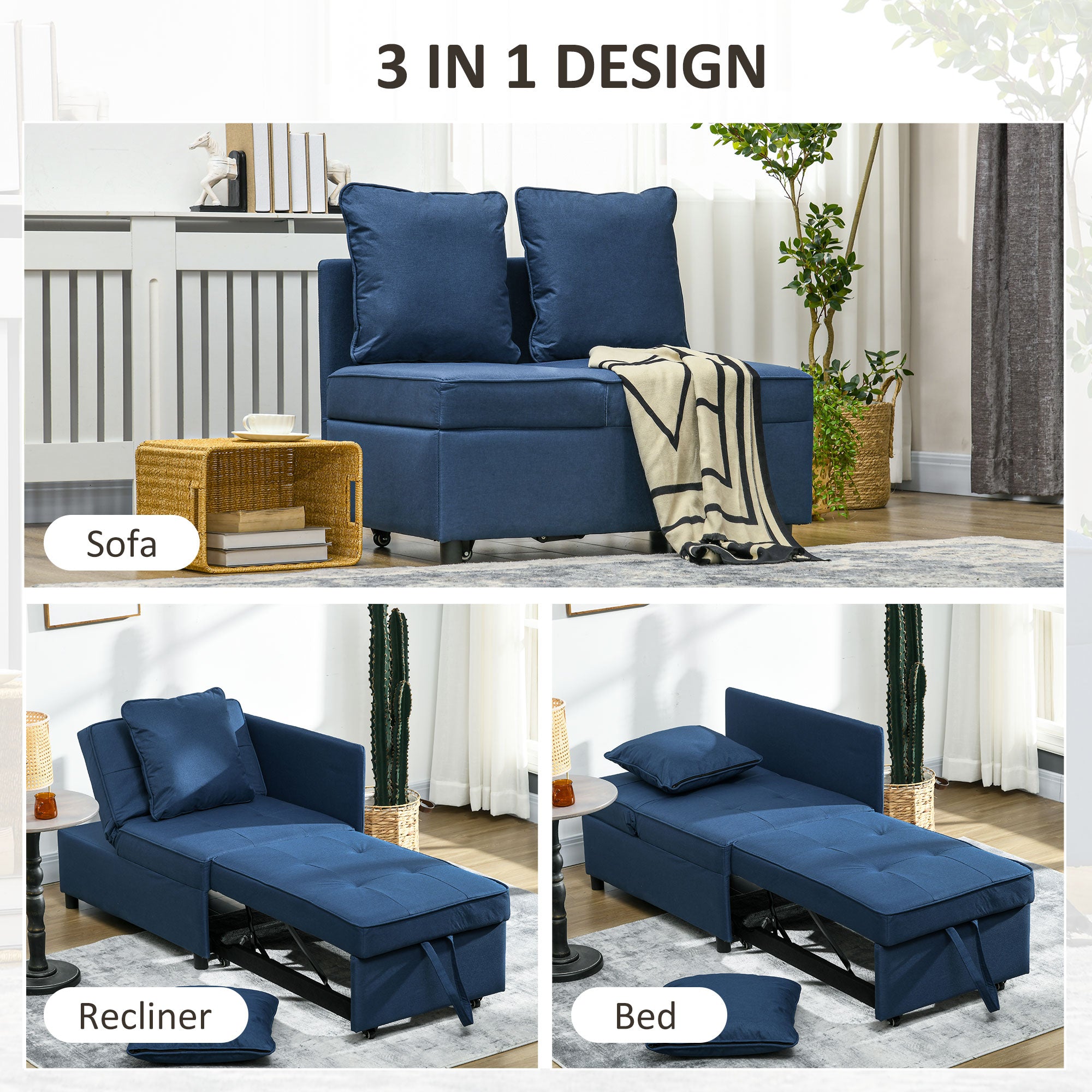 HOMCOM Convertible Single Sofa Bed with Thick Padded Seat, 3-in-1 Multi-Functional Sleeper Chair Bed with Magazine Pocket, for Living Room, Blue - North Peak Garden Furniture