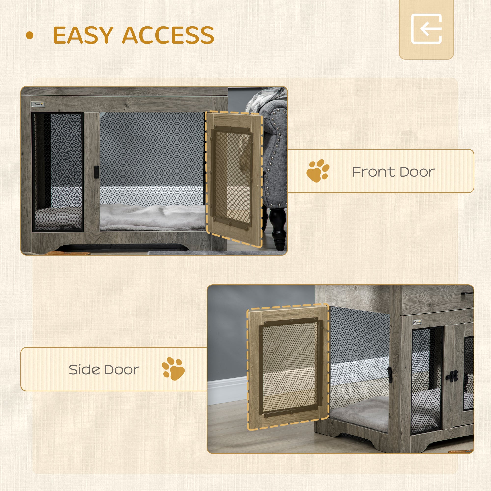 PawHut Dog Cage End Table with Two Doors, Drawer, for Medium Dogs - Grey - North Peak Garden Furniture