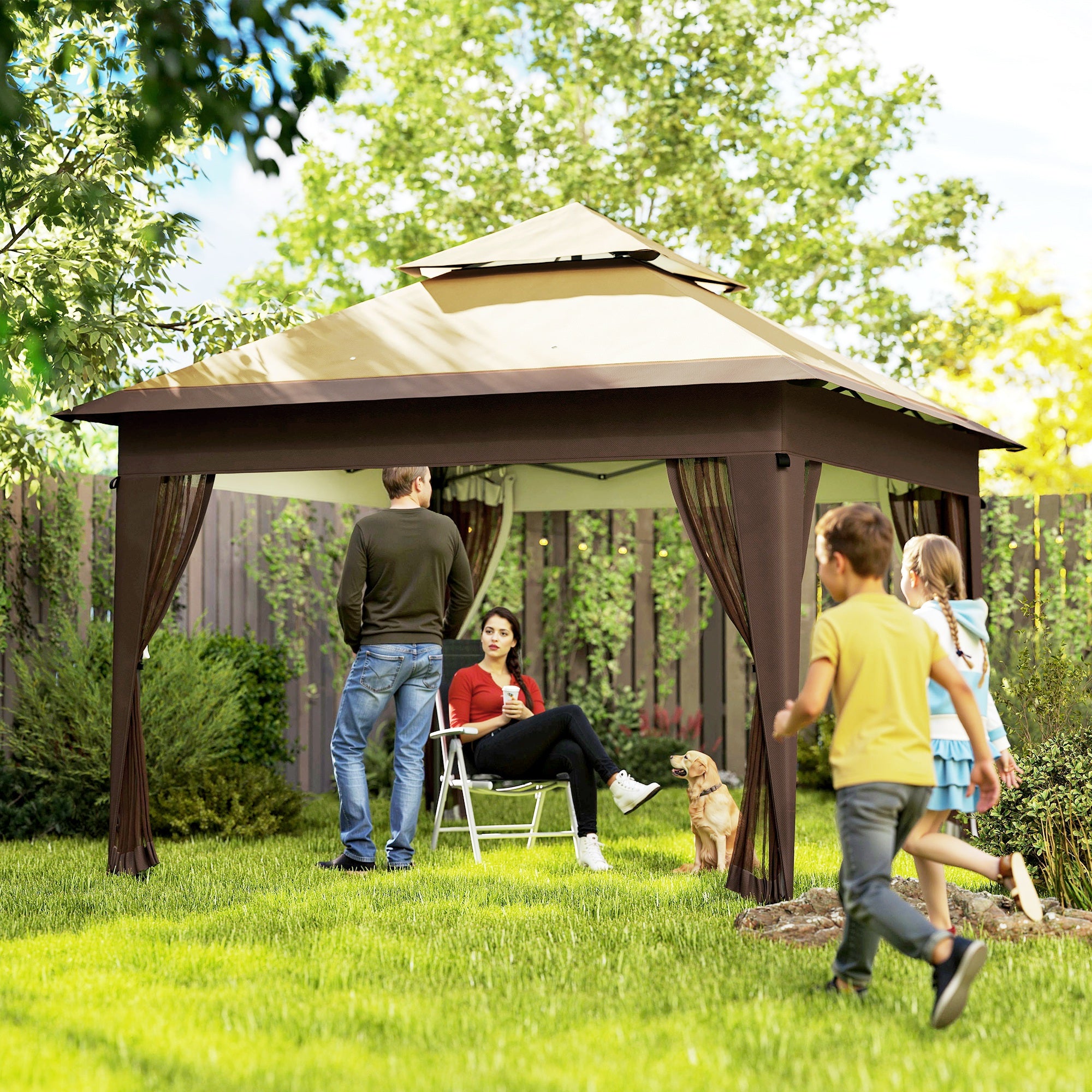 Outsunny 3 x 3(m) Pop Up Gazebo with Mosquito Netting, 1 Person Easy up Marquee Party Tent with 1-Button Push, Double Roof, Carry Bag, Sandbags, Height Adjustable Instant Shelter, Khaki - North Peak Garden Furniture