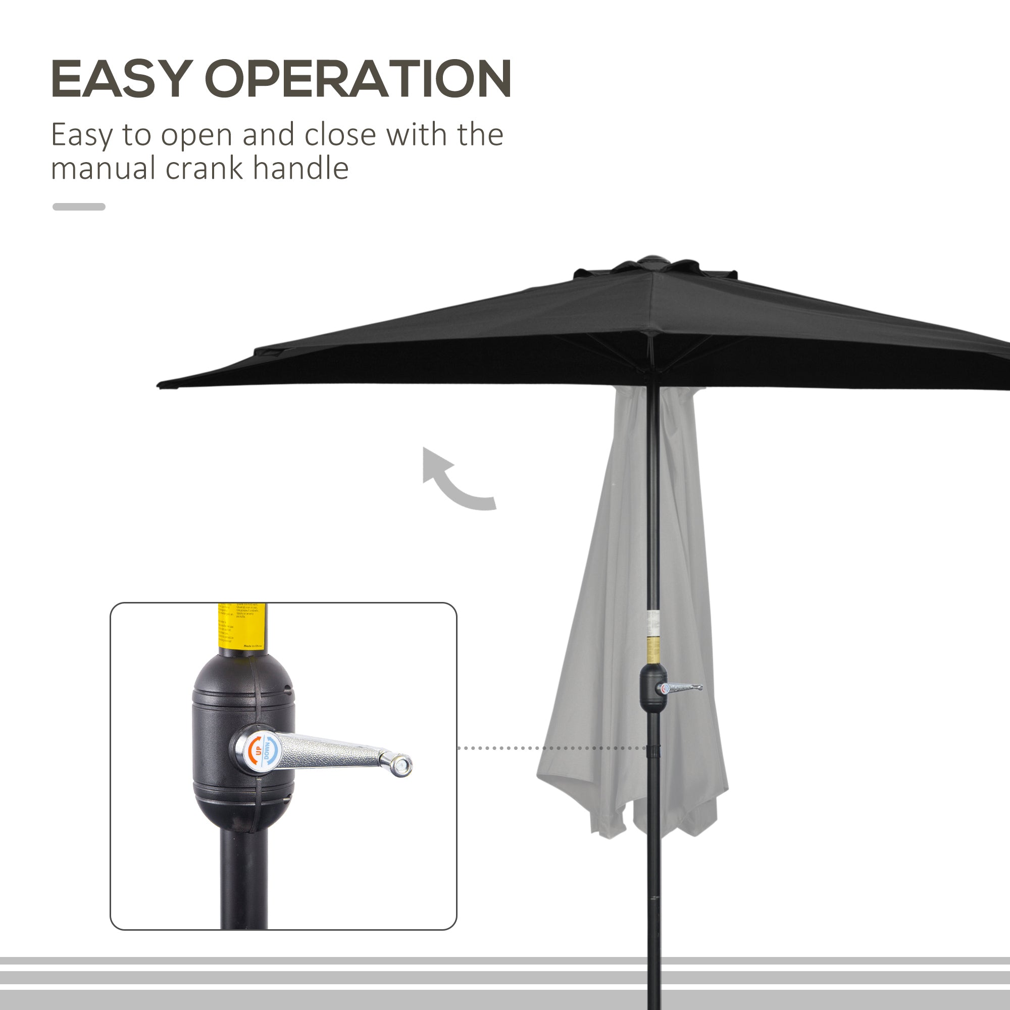 Outsunny 2.7m Garden Half Parasol, Outdoor Balcony Umbrella with 5 Steel Ribs, Patio Sun Shade, Black - North Peak Garden Furniture