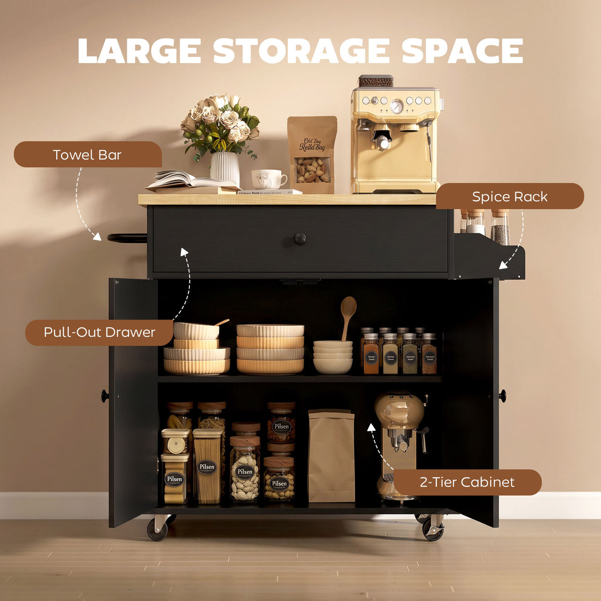 HOMCOM Kitchen Island with Drop Leaf, Rolling Kitchen Storage Trolley on Wheels with Drawer, Spice Rack and Towel Rack, Black
