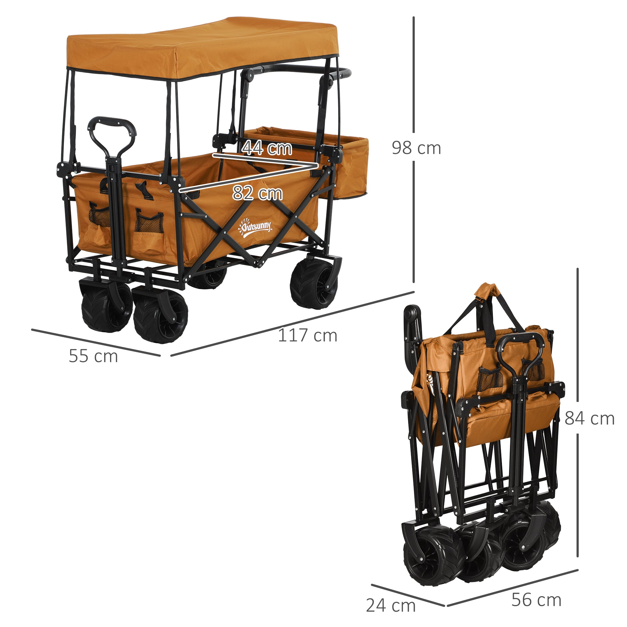 Outsunny Folding Trolley Cart Storage Wagon Beach Trailer 4 Wheels with Handle Overhead Canopy Cart Push Pull For Shopping Camping, Orange - North Peak Garden Furniture