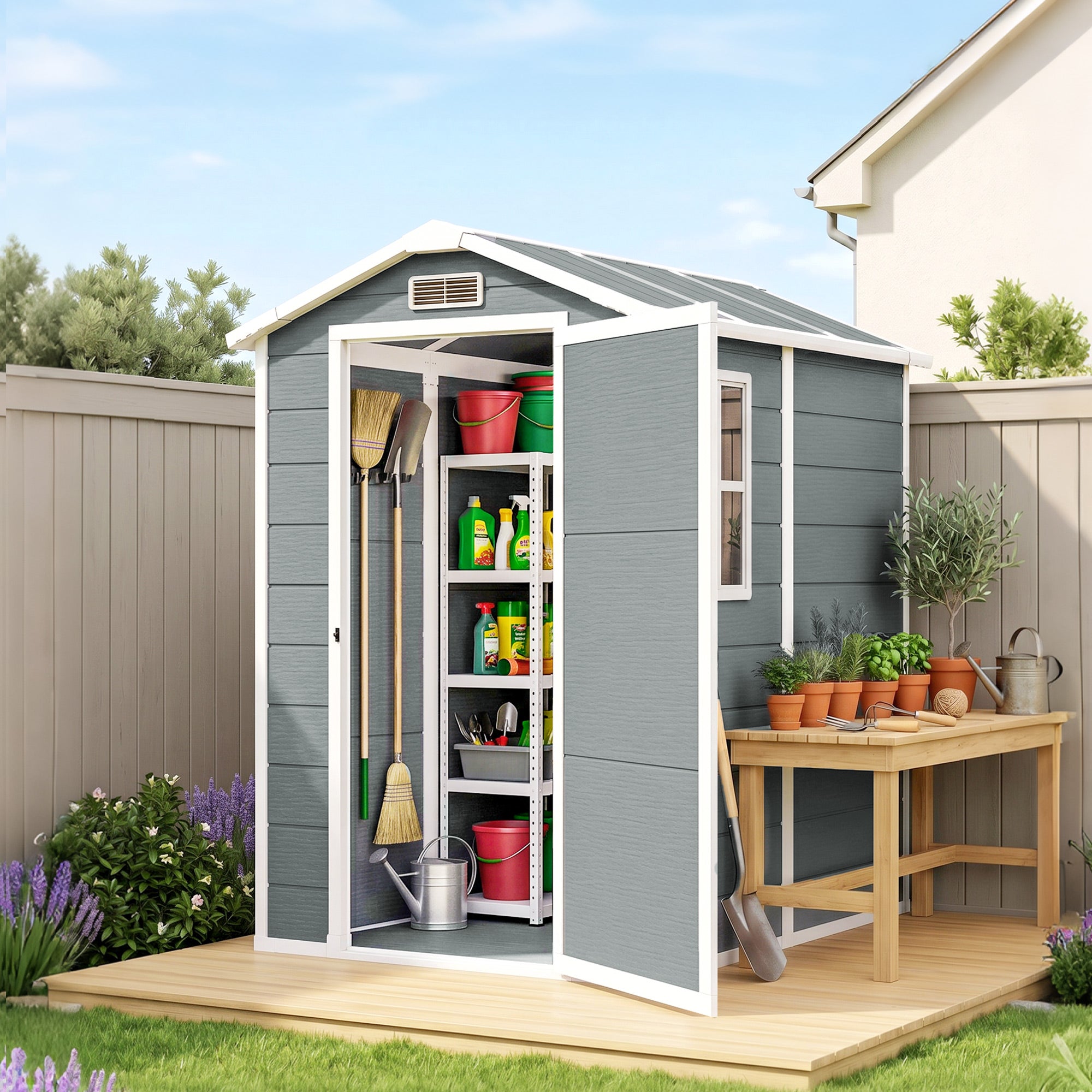 Outsunny 4 x 6ft Garden Shed, Plastic Shed with Floor, Window, Lockable Door and Vents, Resin Tool Shed for Outdoor Patio Storage, Zero Maintenance, Grey