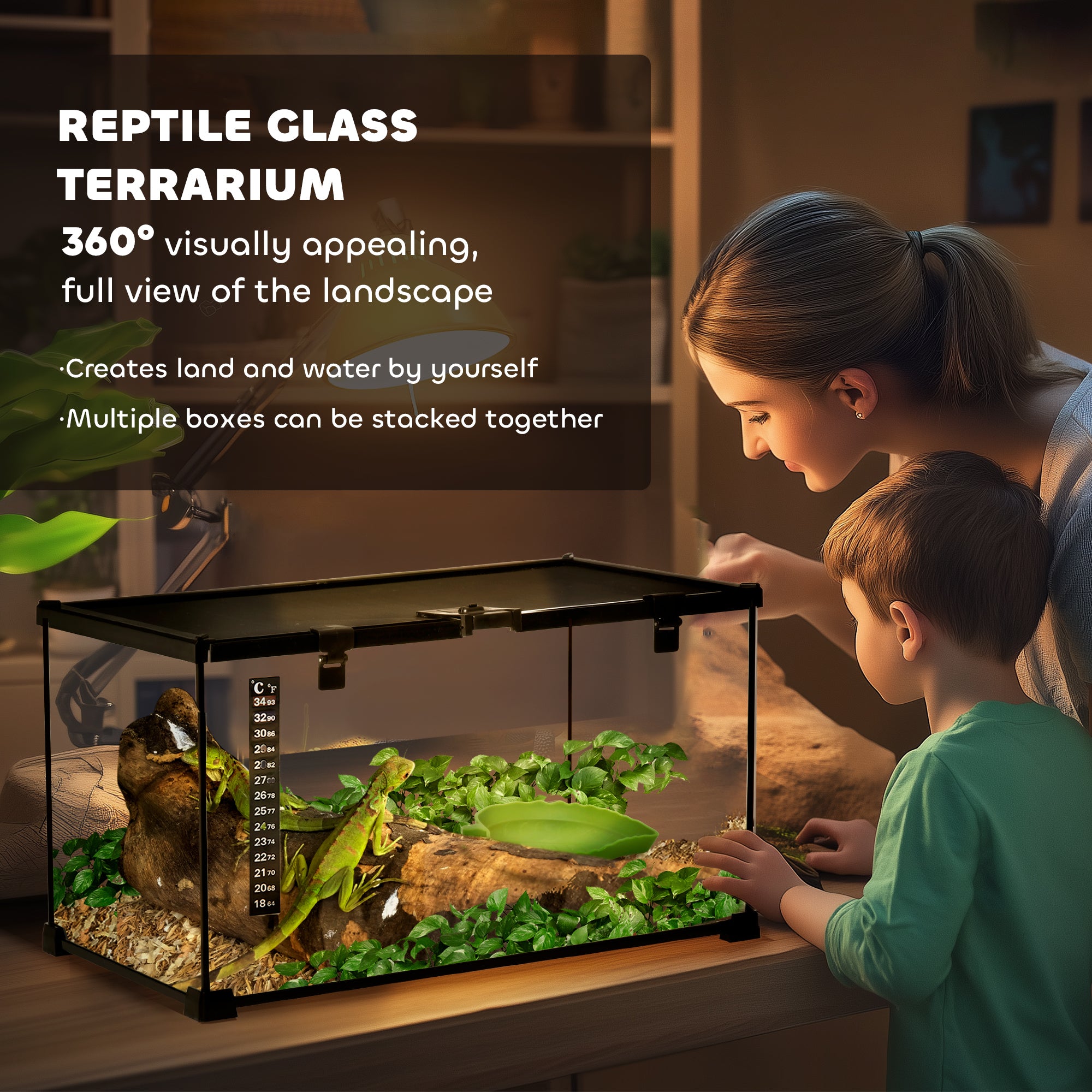 PawHut Glass Reptile Terrarium Insect Breeding Tank Vivarium Habitats with Thermometer for Lizards, Horned Frogs, Snakes, Spiders - Medium 50 x 30 x 25cm