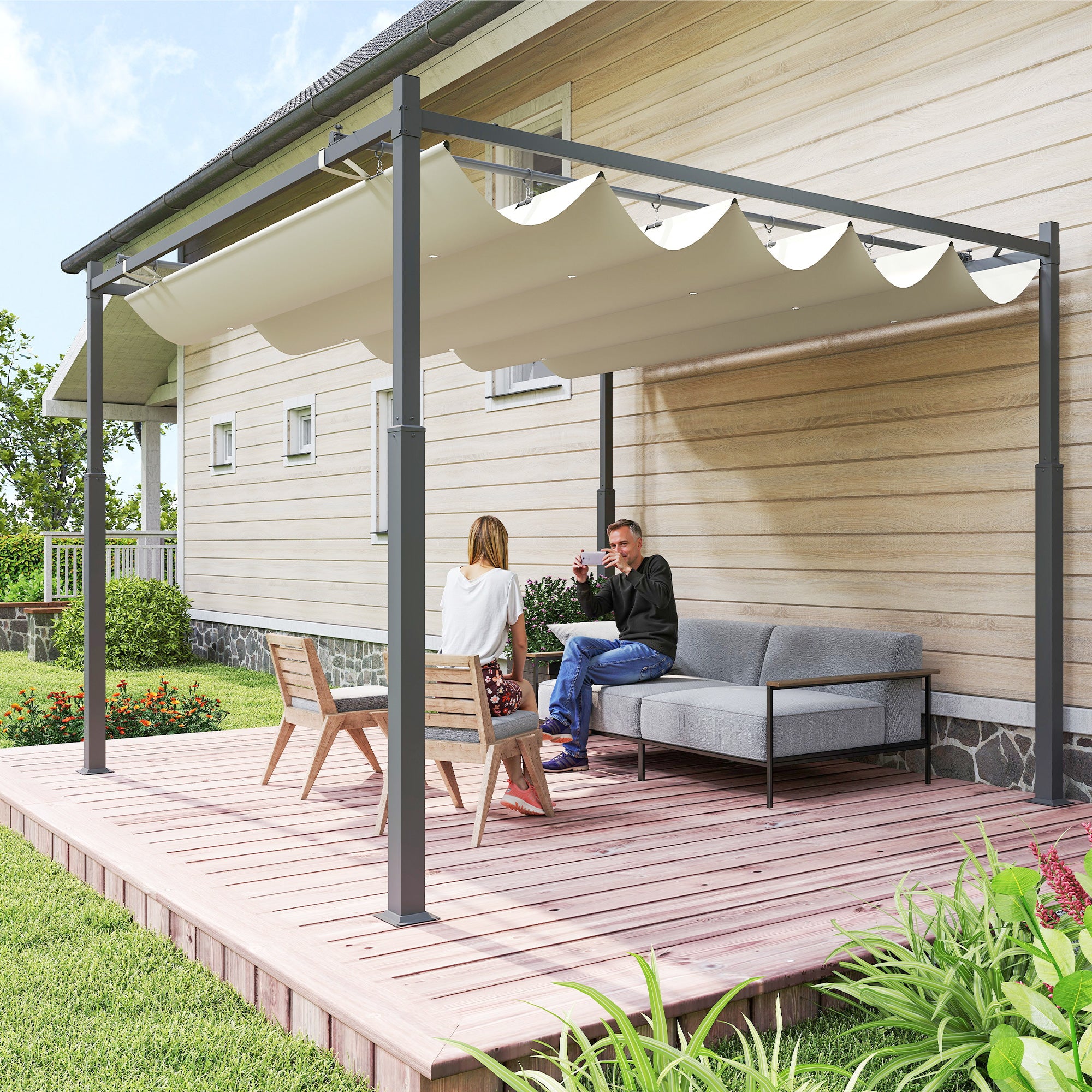 Outsunny 3 x 3(m) Garden Pergola with Retractable Roof and Magnetic Fixture, Outdoor Pergola Kit Sun Shade Canopy, UPF30+, 80mm Metal Column, Cream White - North Peak Garden Furniture