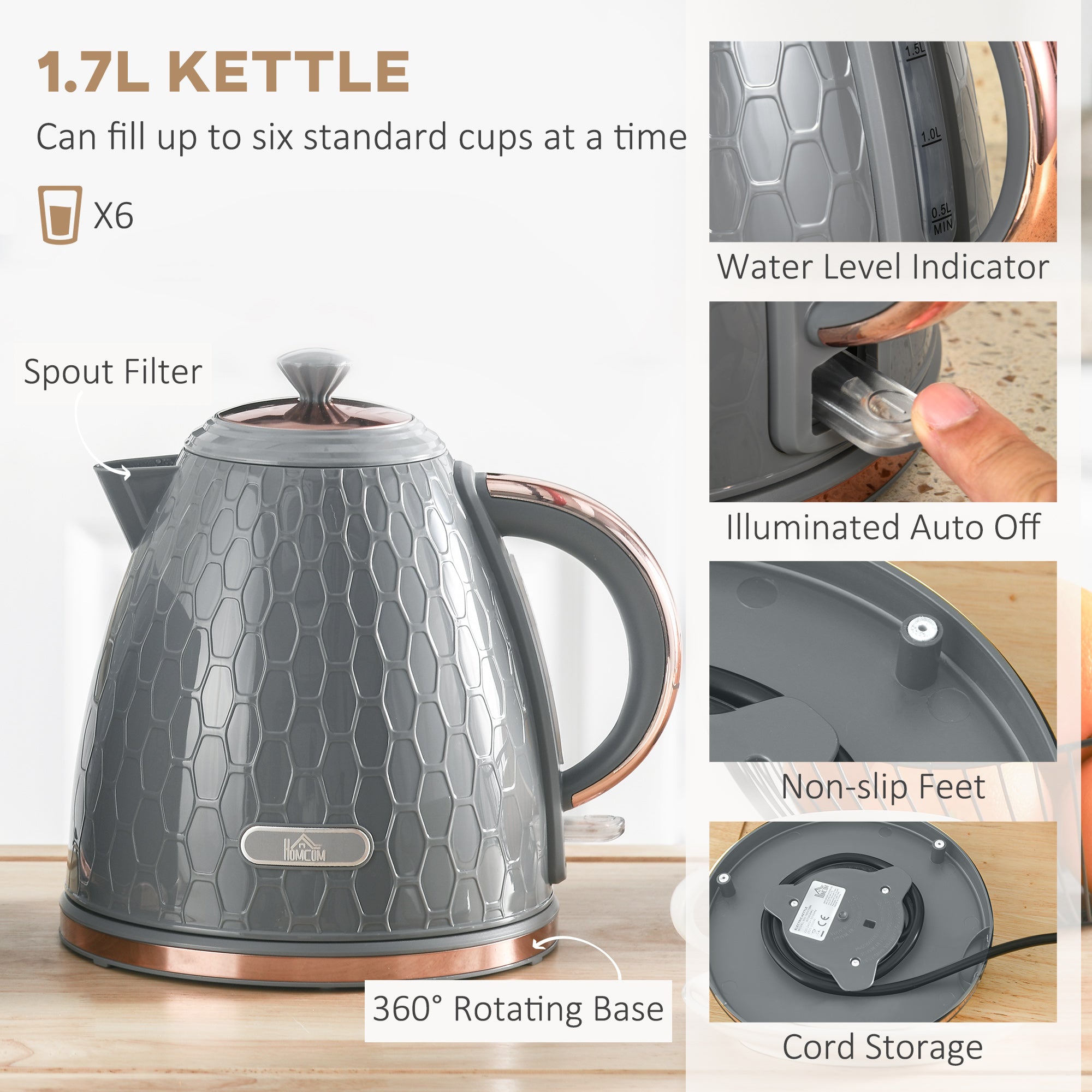 HOMCOM 1.7L 3000W Fast Boil Kettle & 4 Slice Toaster Set, Kettle and Toaster Set with 7 Browning Controls, Crumb Tray, Grey - North Peak Garden Furniture