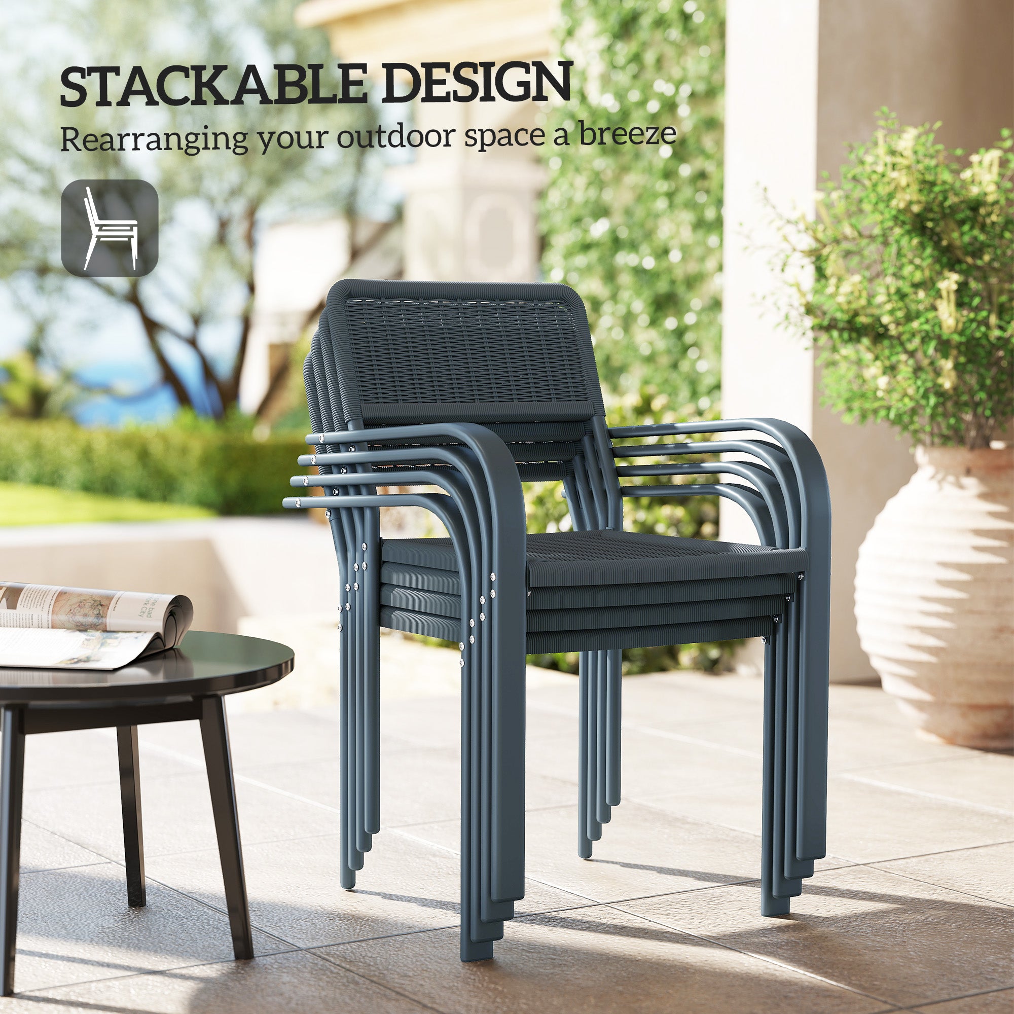 Outsunny Garden Chairs Set of 4, Stackable Rattan Effect Dining Chairs with Armrest, Weather Resistant and Lightweight Outdoor Furniture Armchairs for Patio, Balcony, Terrace, Dark Grey - North Peak Garden Furniture