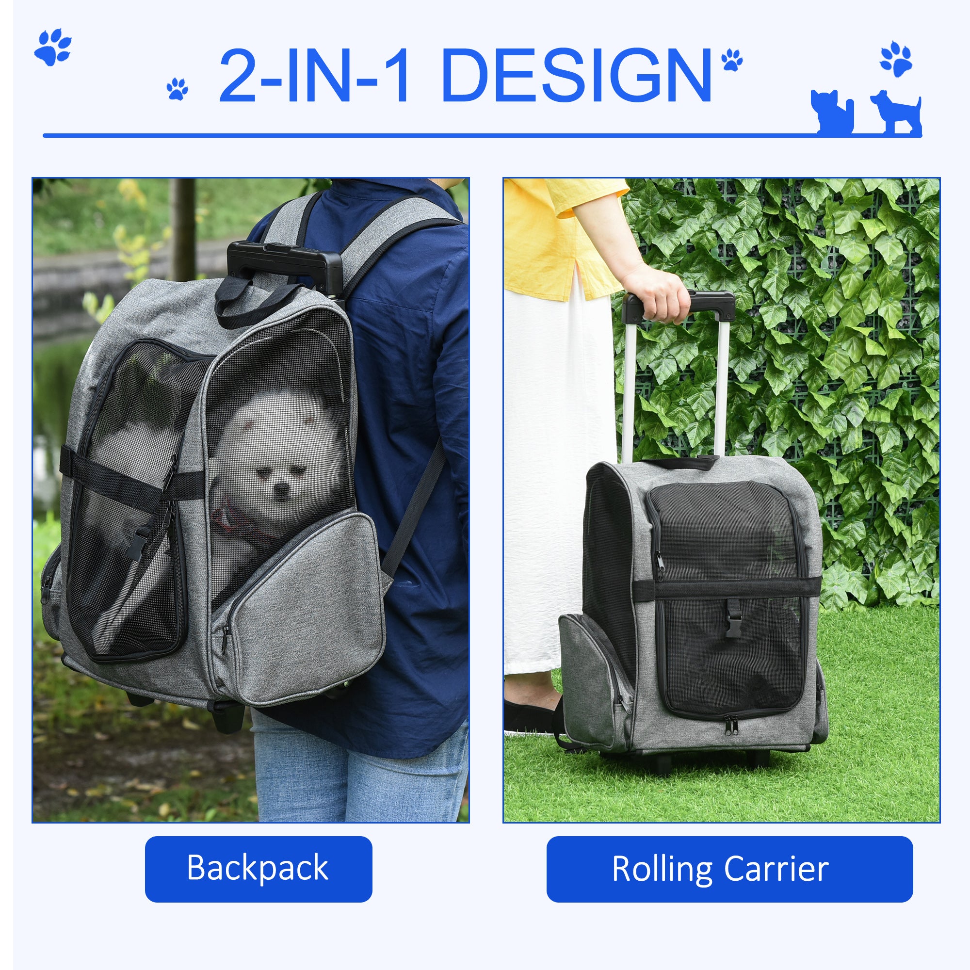PawHut Pet Travel Backpack Bag Cat Puppy Dog Carrier w/ Trolley and Telescopic Handle Portable Stroller Wheel Luggage Bag (Grey) - North Peak Garden Furniture
