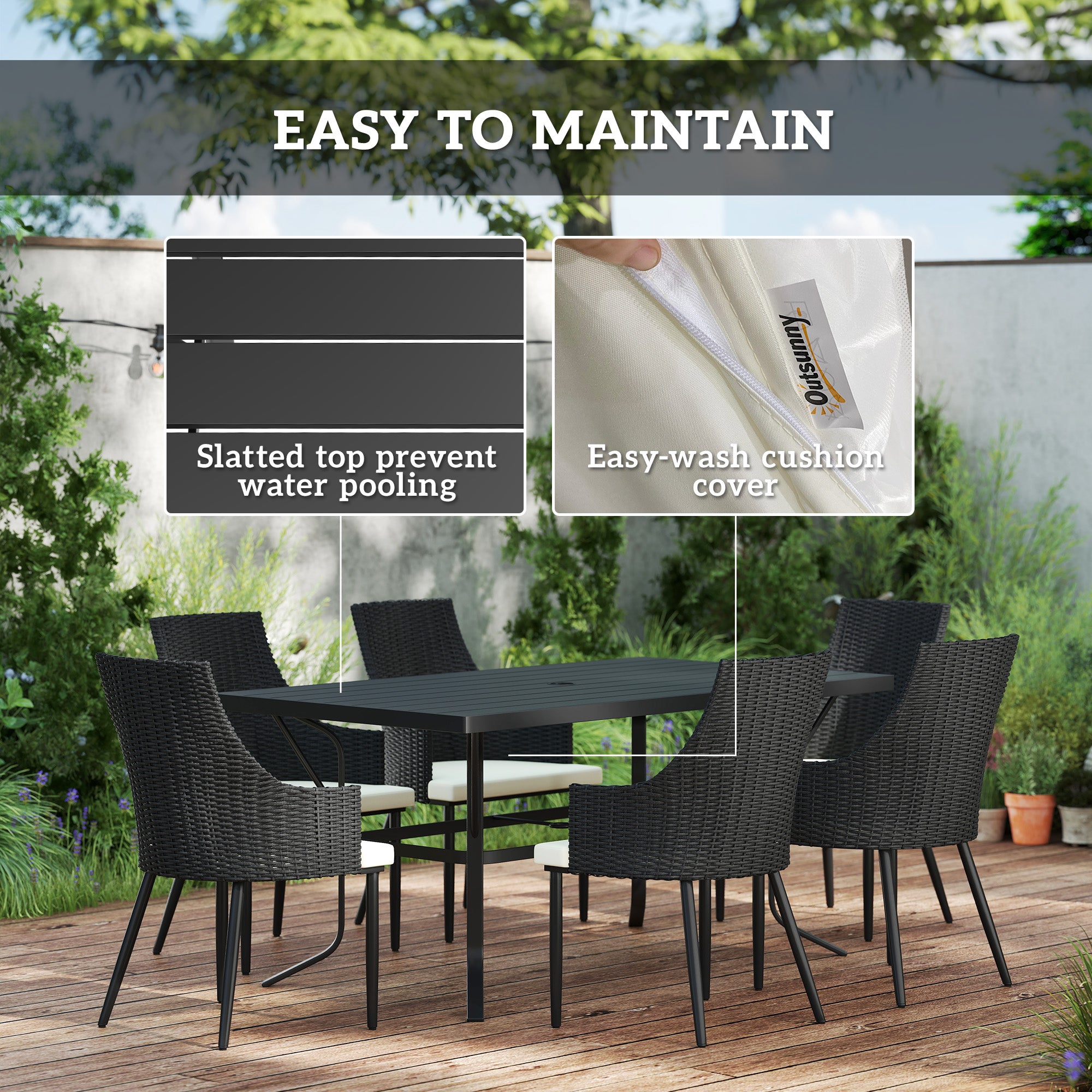 Outsunny 6 Seater Rattan Dining Set with Cushions, Garden Furniture Set with Armchairs, Rectangle Slatted Table Top, Steel Frame, Parasol Hole, Wicker Outdoor Furniture for Patio, Balcony, Cream White - North Peak Garden Furniture