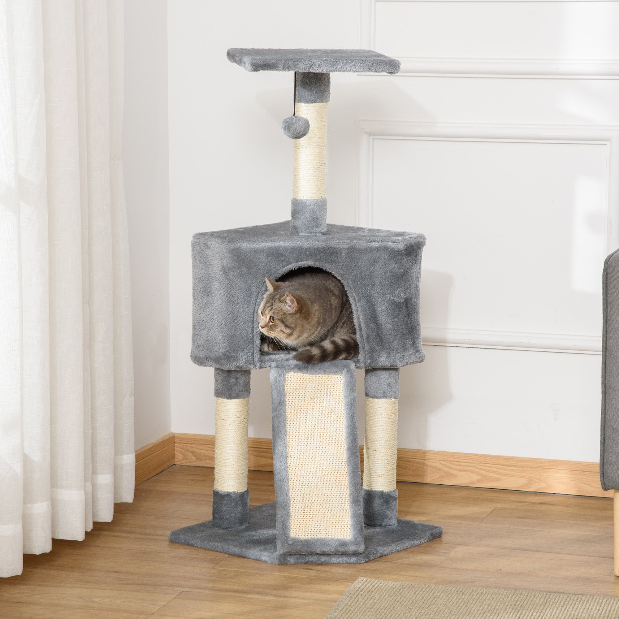 PawHut Cats 3-Tier Sisal Rope Scratching Post w/ Dangle Toy Grey