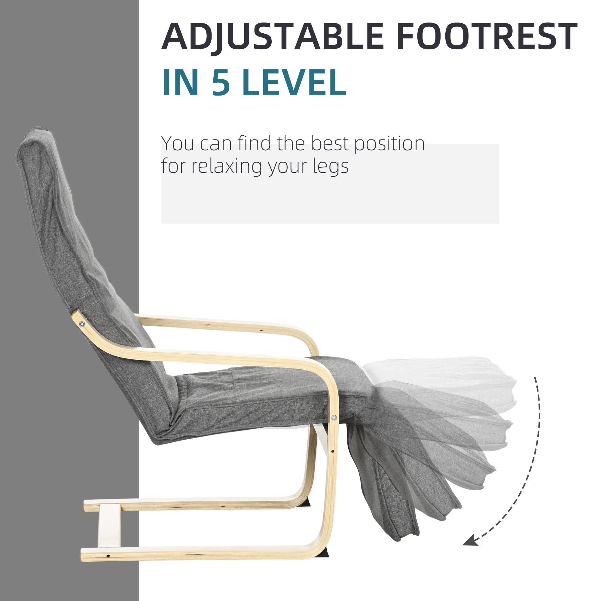HOMCOM Wooden Lounging Chair Deck Relaxing Recliner Lounge Seat with Adjustable Footrest & Removable Cushion, Dark Grey - North Peak Garden Furniture