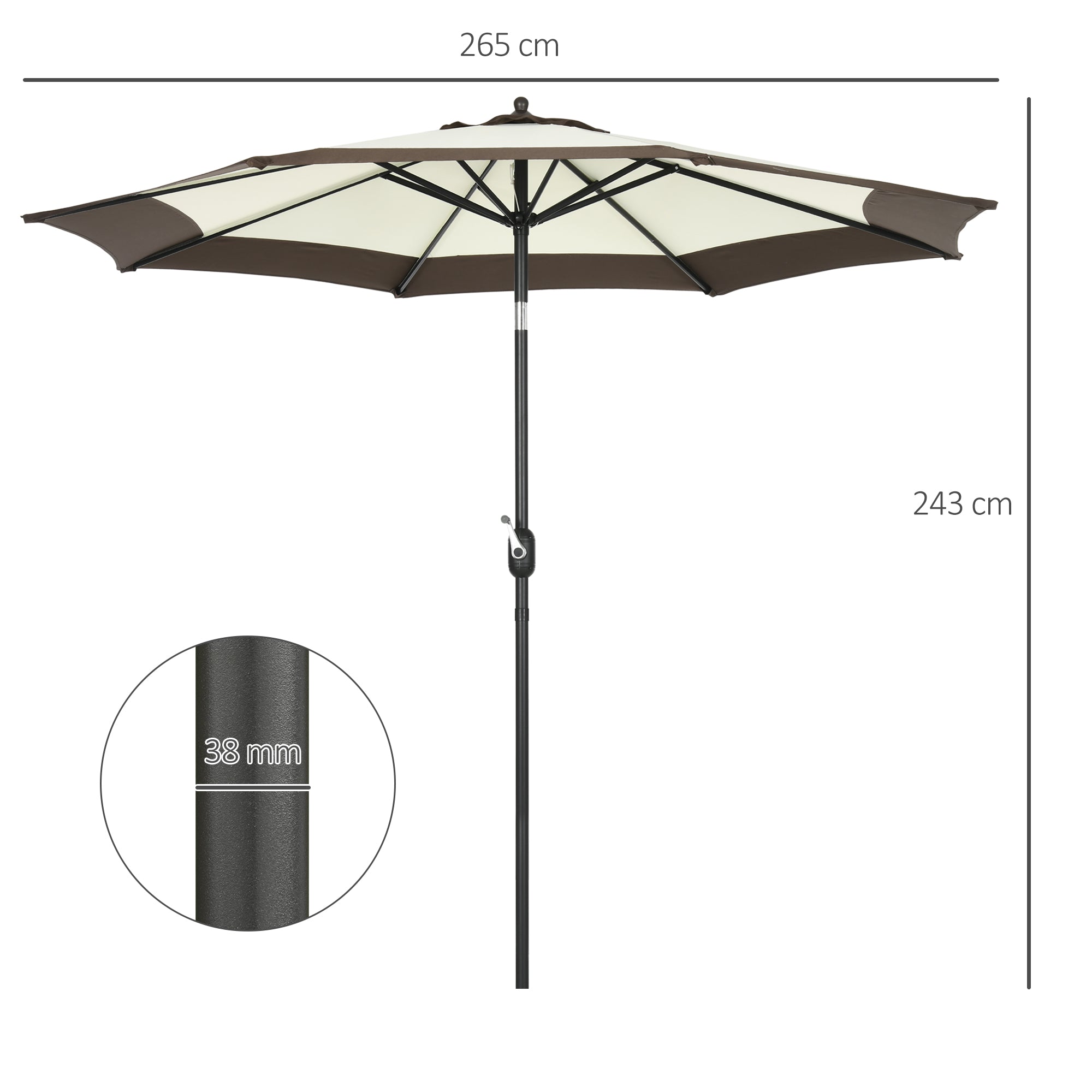 Outsunny Waterproof 2.7m Garden Parasol Umbrella w/ 8 Metal Ribs, Tilt and Crank, Outdoor Sunshades for Garden, Patio, Beach, Yard, Coffee | Aosom UK