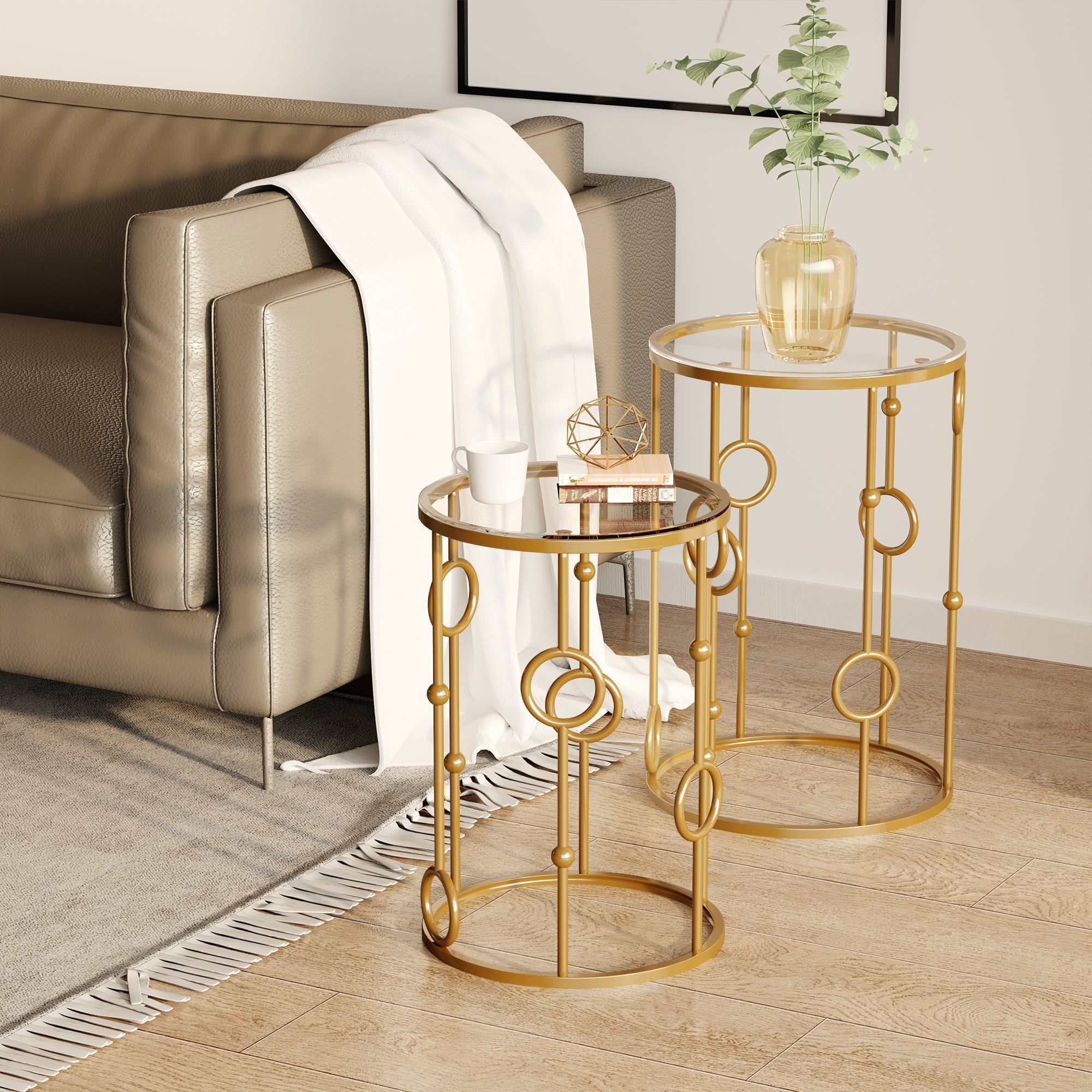 HOMCOM Round Coffee Tables Set of 2, Gold Nesting Side End Tables with Tempered Glass Top, Steel Frame for Living Room, Gold - North Peak Garden Furniture
