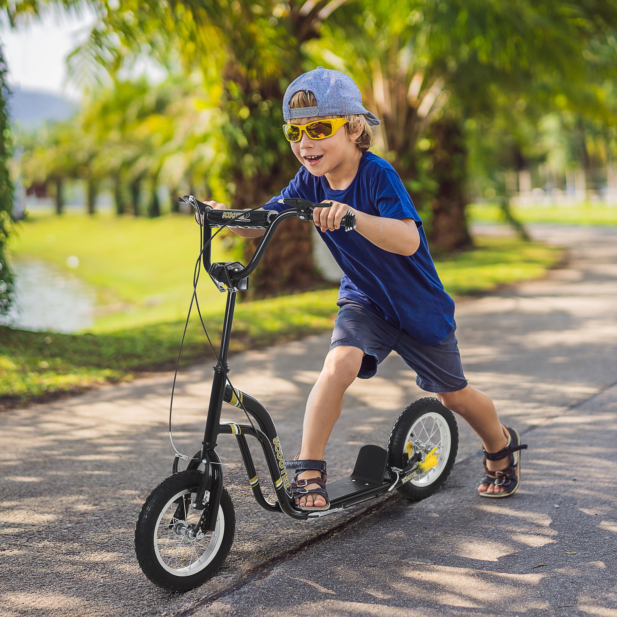 HOMCOM Teen Kids Stunt Scooter w/ Adjustable Handlebar, 12 Inch Rubber Tyres, Dual Brakes, Black - North Peak Garden Furniture