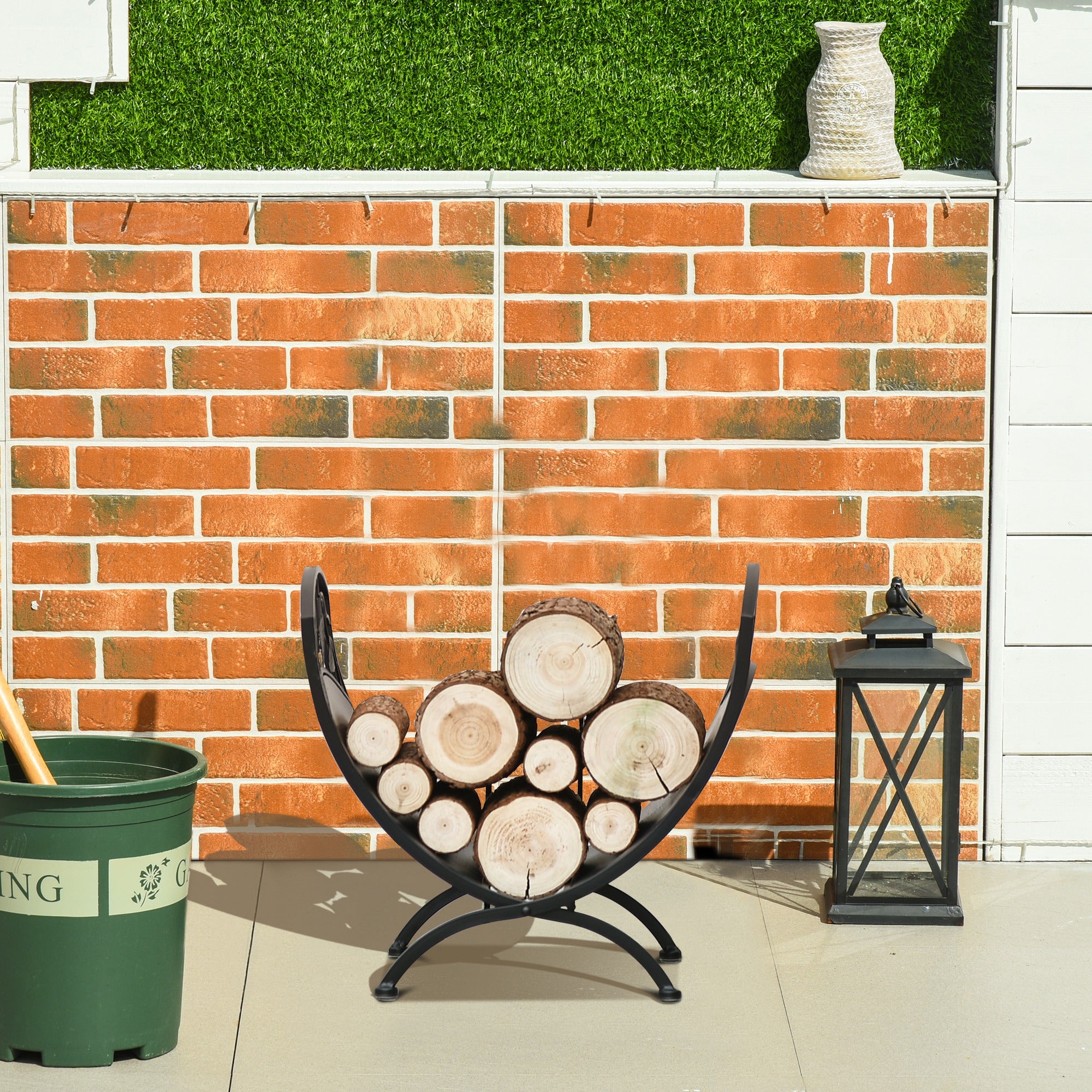 Outsunny Metal Arced Firewood Log Holder Indoor Outdoor Folding Firewood Rack Fireplace Wood Storage Shelf w/ Leaf Pattern Design, Black, 43.5W x 36.5D x 41H cm - North Peak Garden Furniture