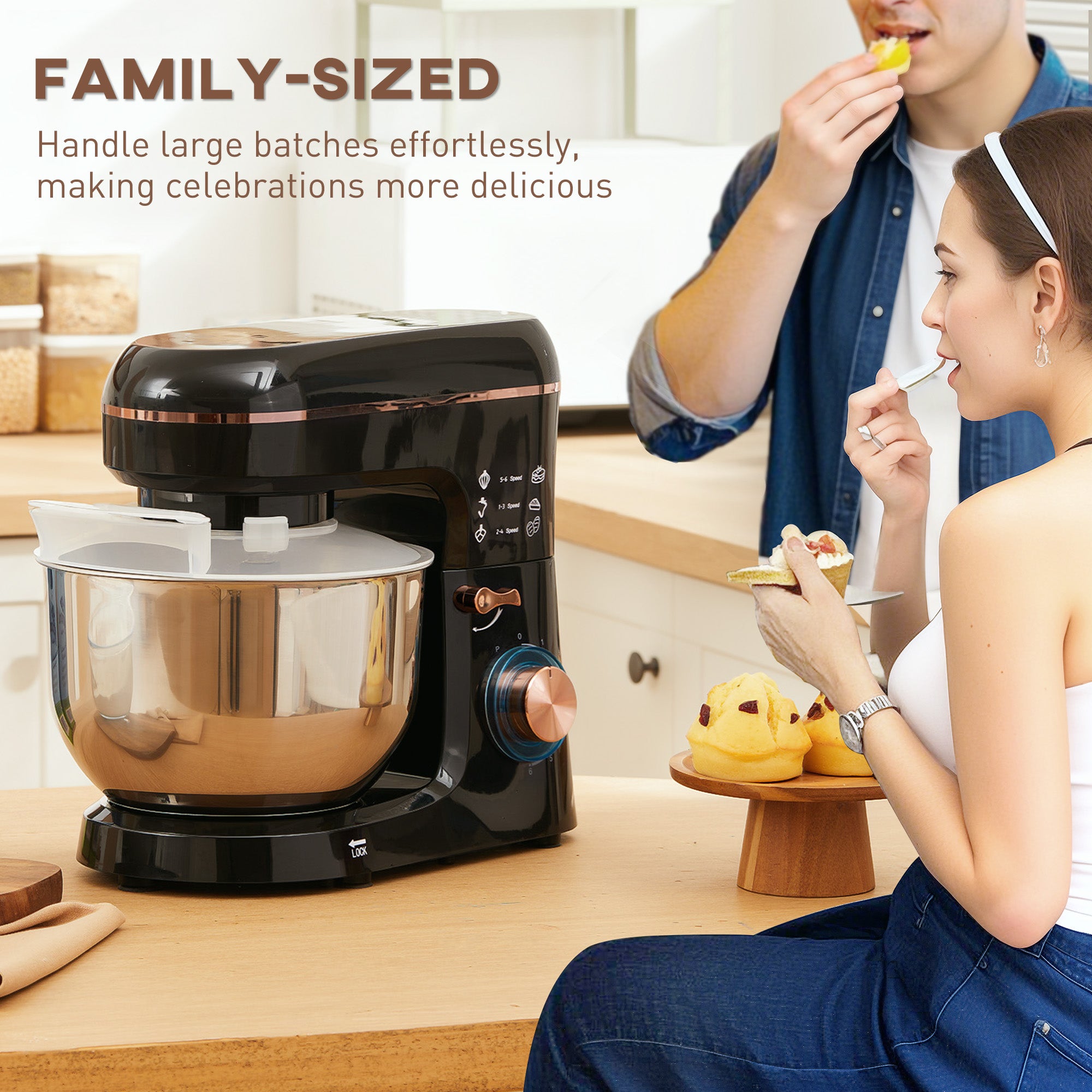 HOMCOM Stand Mixer, 5L Food Mixer for Baking, 6 Speeds and Pulse Setting, 1400W Cake Electric Kitchen Mixer with Dough Hook, Whisk, Stainless Steel Bowl, Splash Guard, Beater, Black - North Peak Garden Furniture